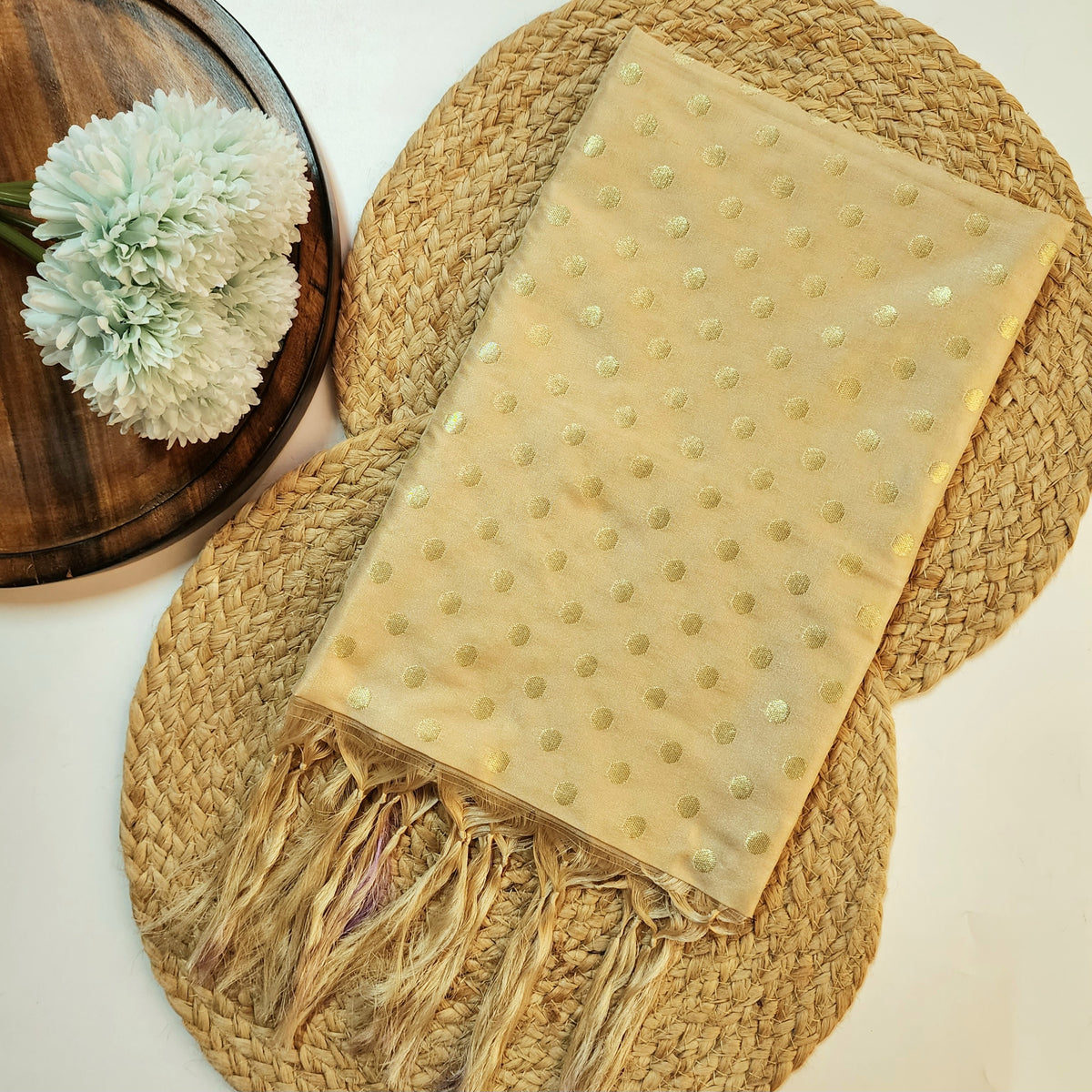 Champagne Beige Banarasi Silk Dupatta with Gold Polka Dot
