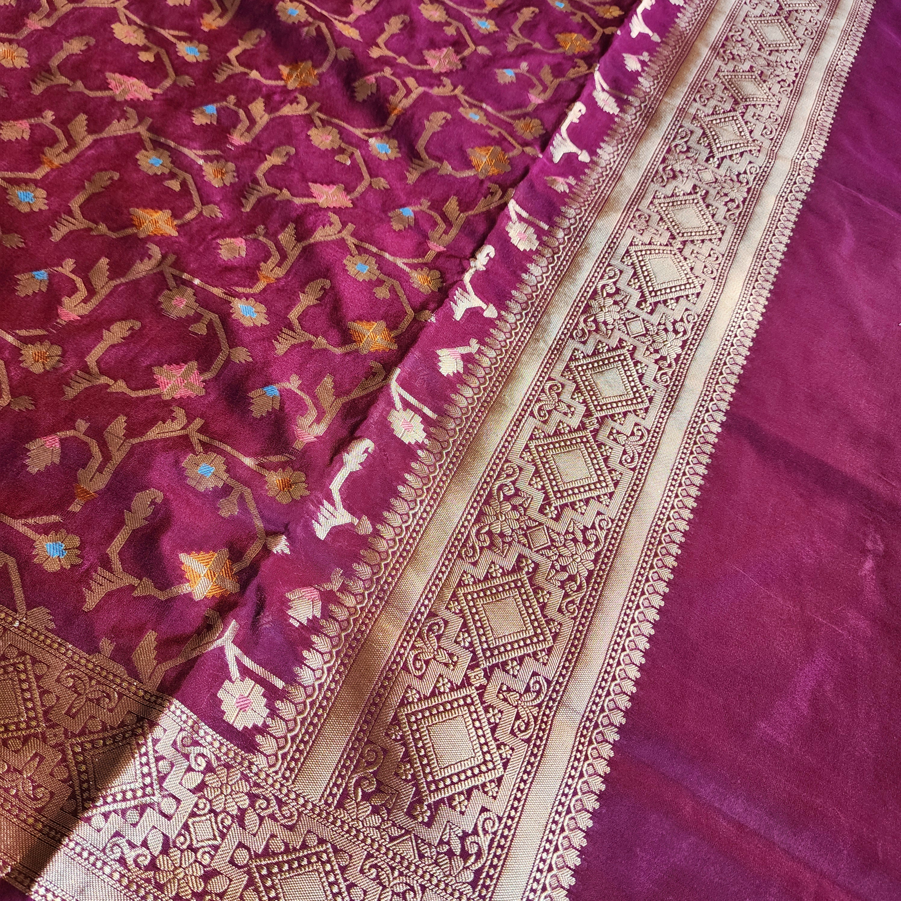 Golden Grid Banarasi Silk Dupatta with Meenakari Work in Deep Purple