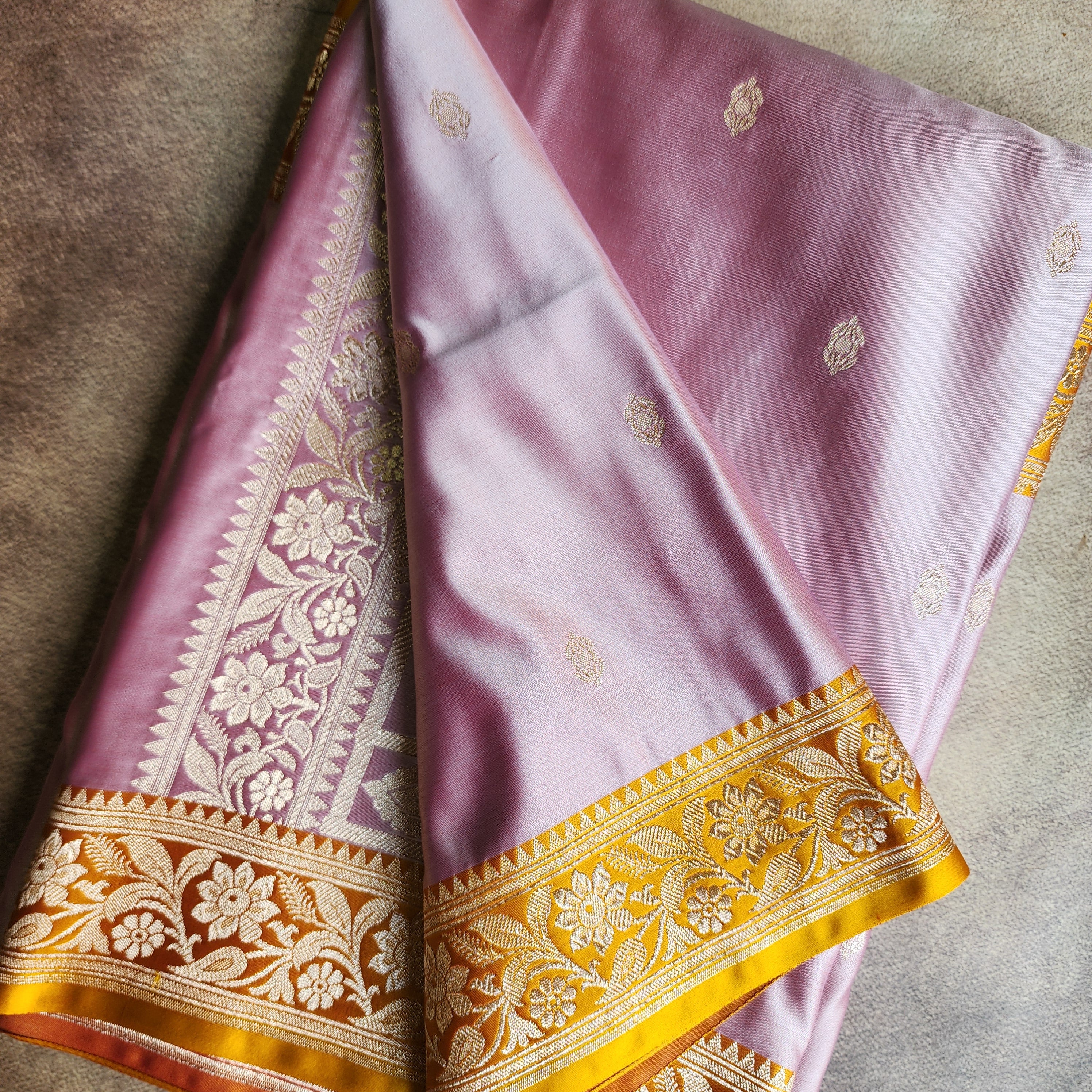 Dusty Rose Pink Katan Silk Saree with Mustard and Gold Zari Border