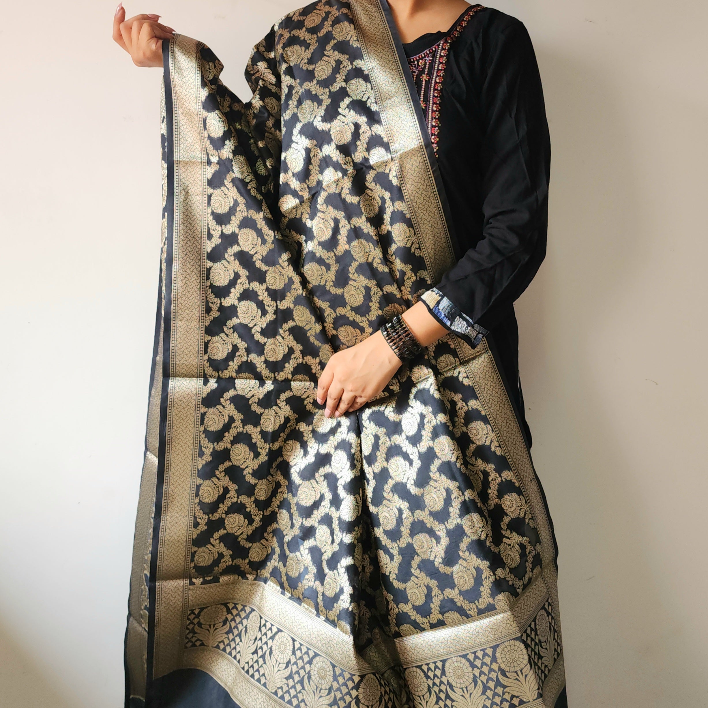 Black Floral Jaal Dupatta with Mughal-Inspired Zari Border