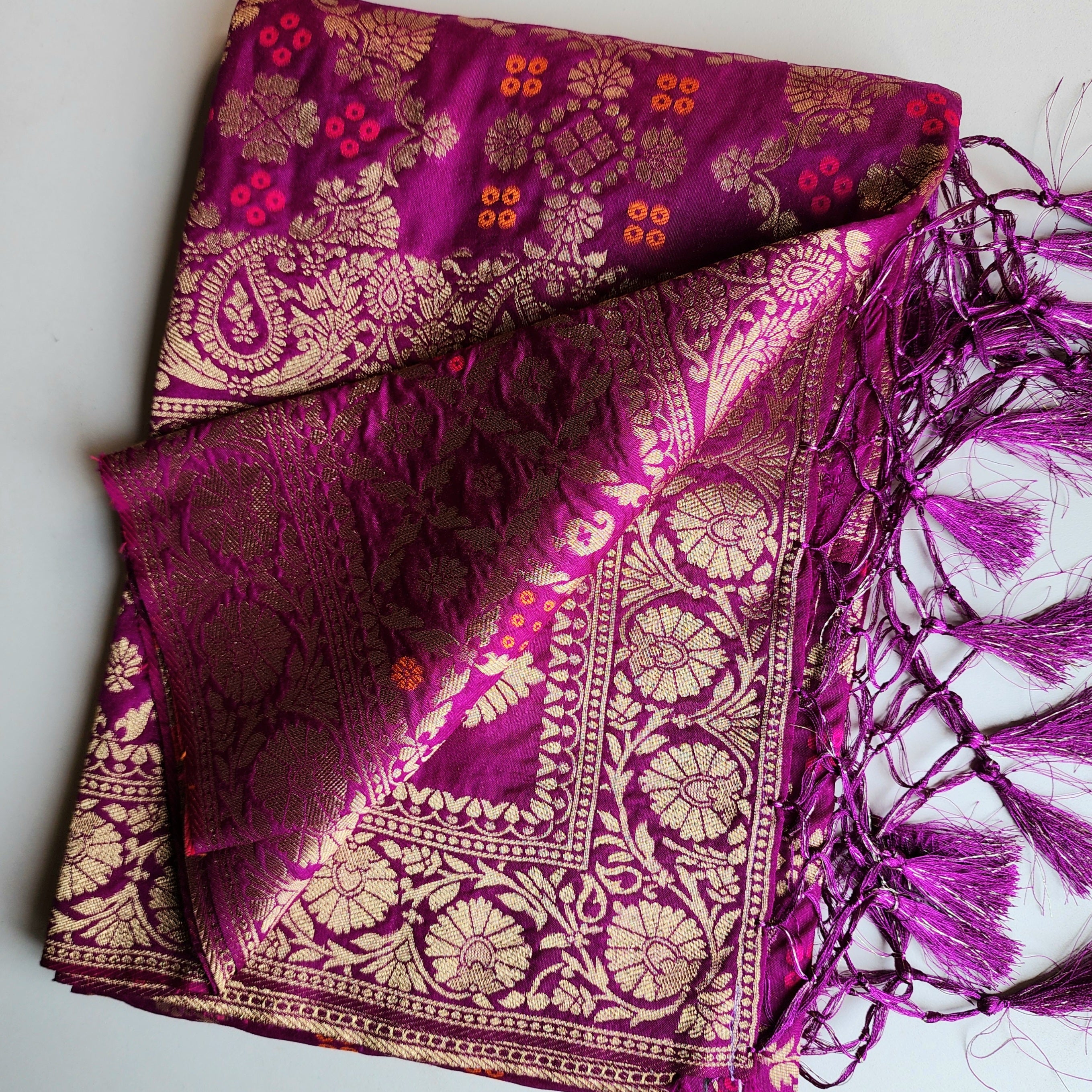 Berry Purple Bandhani Dupatta with Floral and Geometric Zari Weave