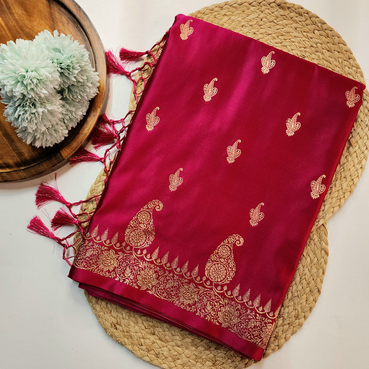 Rani Pink Paisley Katan Silk Saree with Gold Zari
