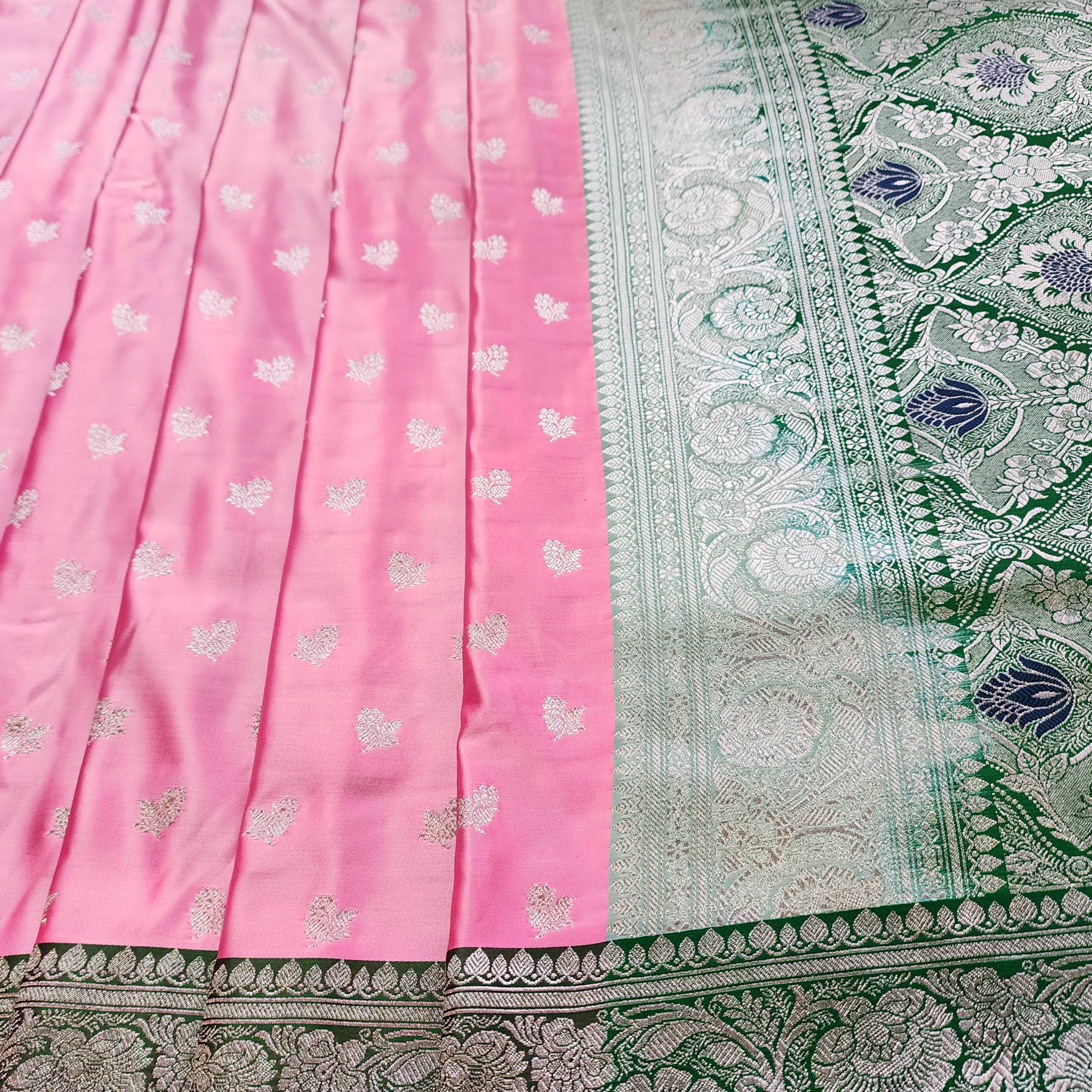 Rose Pink Pure Banarasi Katan Silk Saree with light Gold Zari Weaving