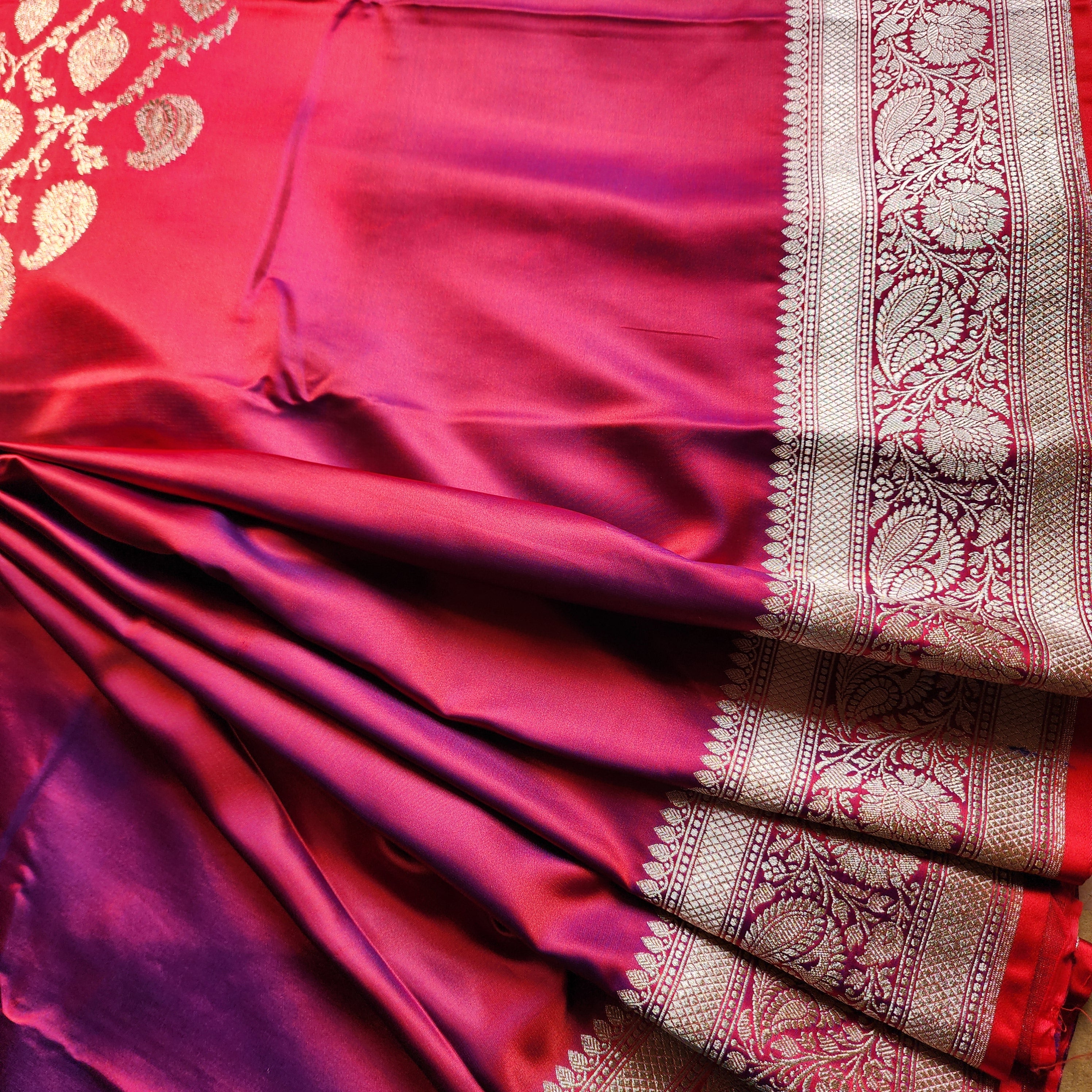 Dhoop Chhaon Raspberry Banarasi Katan Silk Saree