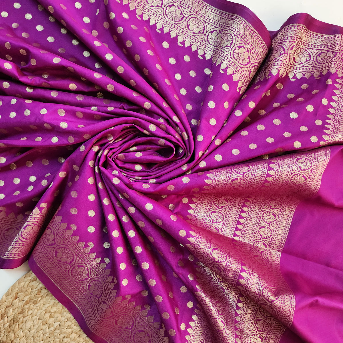Magenta Purple Banarasi Silk Dupatta with Gold Polka Dot