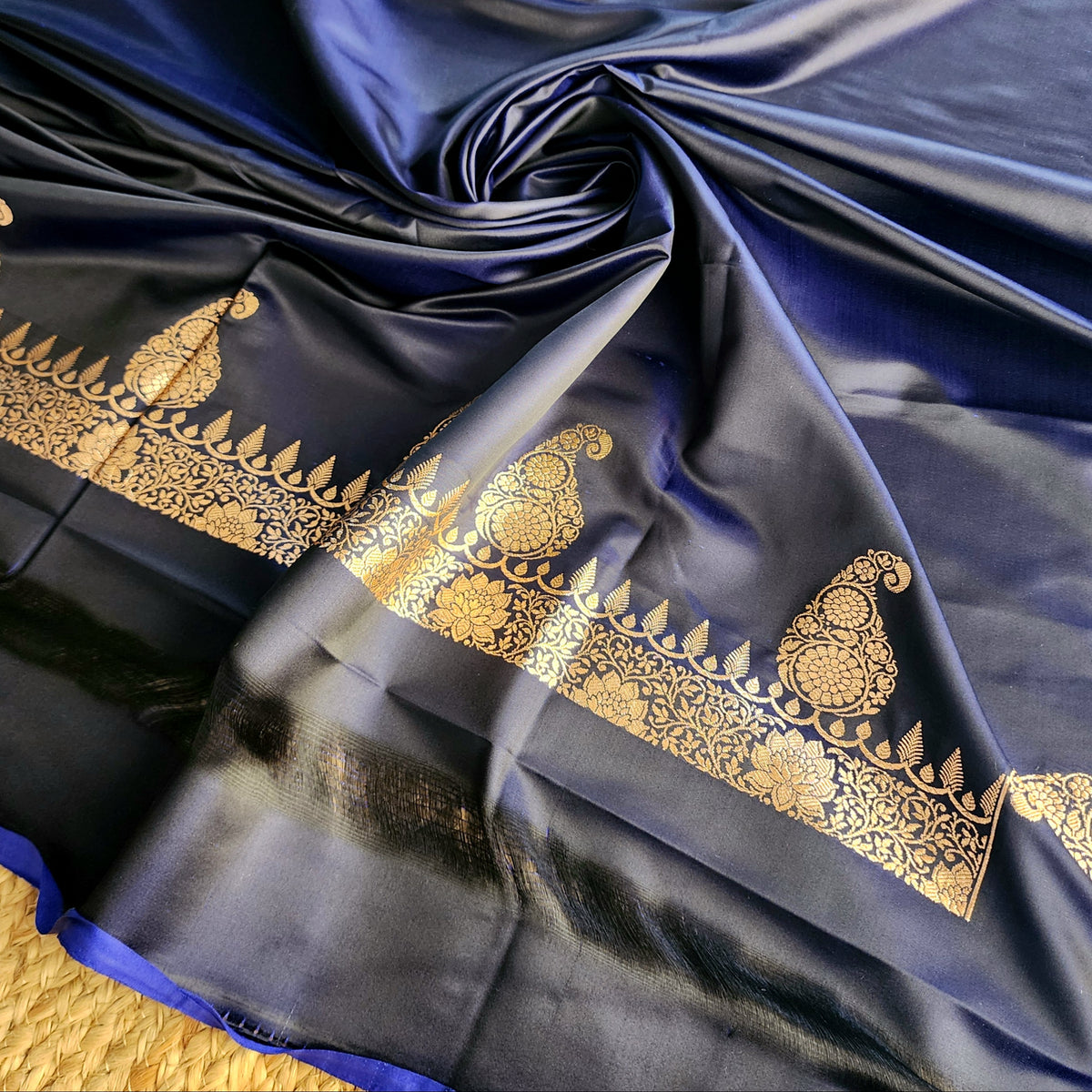 Navy Blue Paisley Katan Silk Saree with Gold Zari