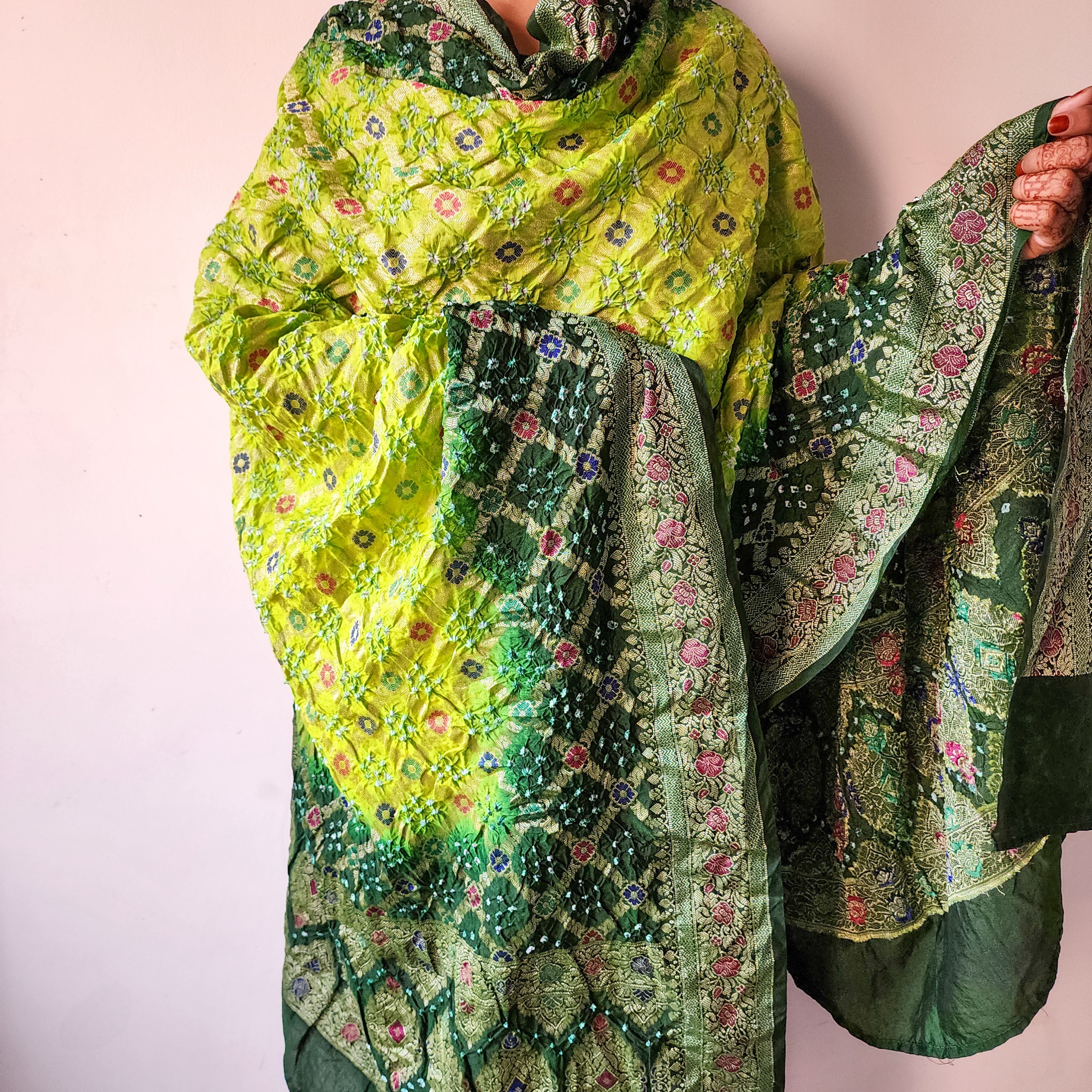 Dual-Tone Green Bandhni Dupatta with Golden Border & Banarasi Meenakari Work