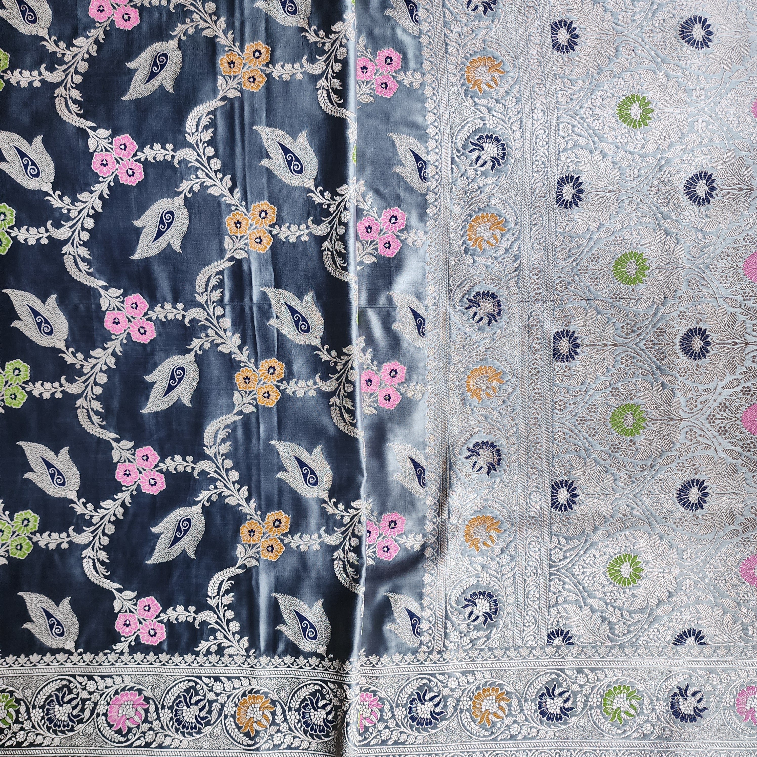 Enriched Dusky Blue Banarasi Katan Silk Saree with Multicolor Meenakari Floral Jaal