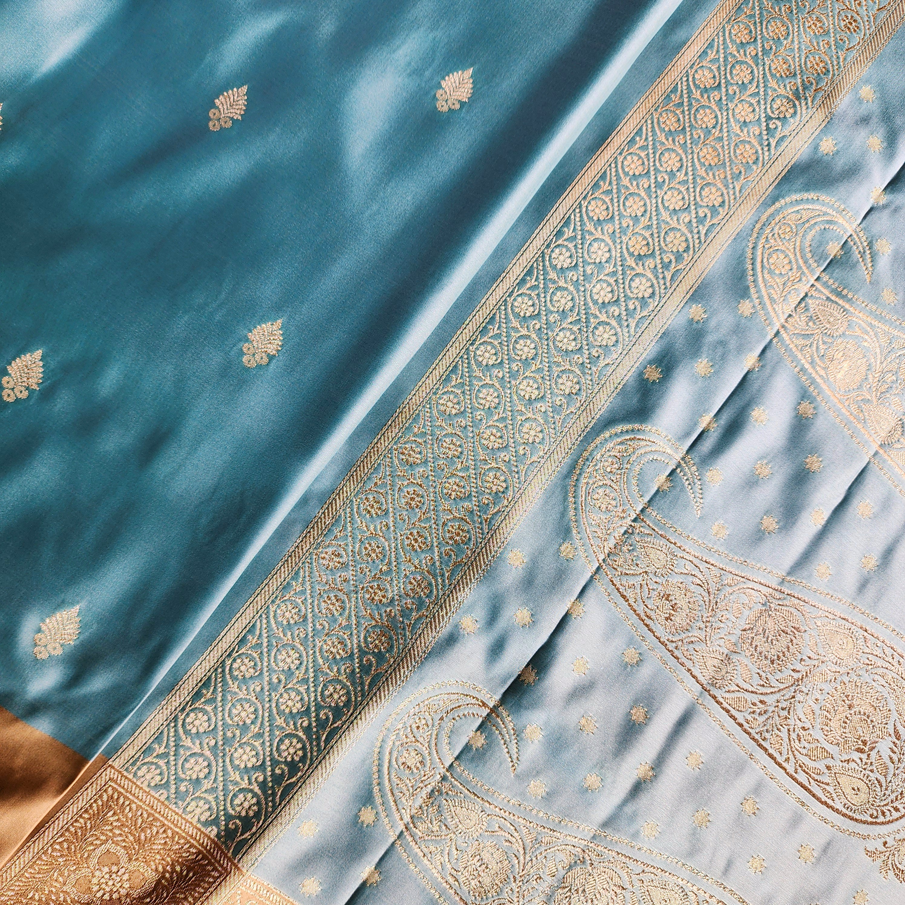 Blue Katan Silk Saree with Beige Gold Zari Border