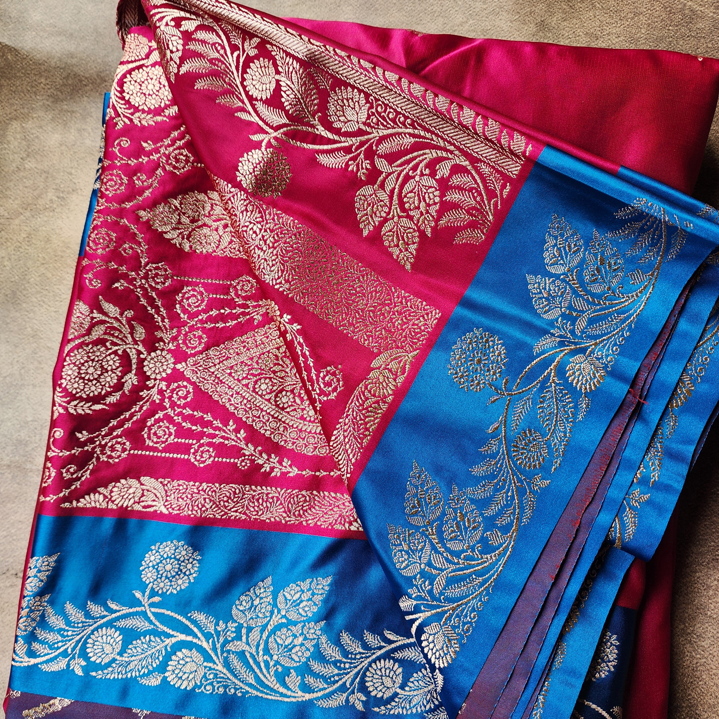 Rani Red Pure Banarasi Katan Silk Saree with Cobalt Blue Border
