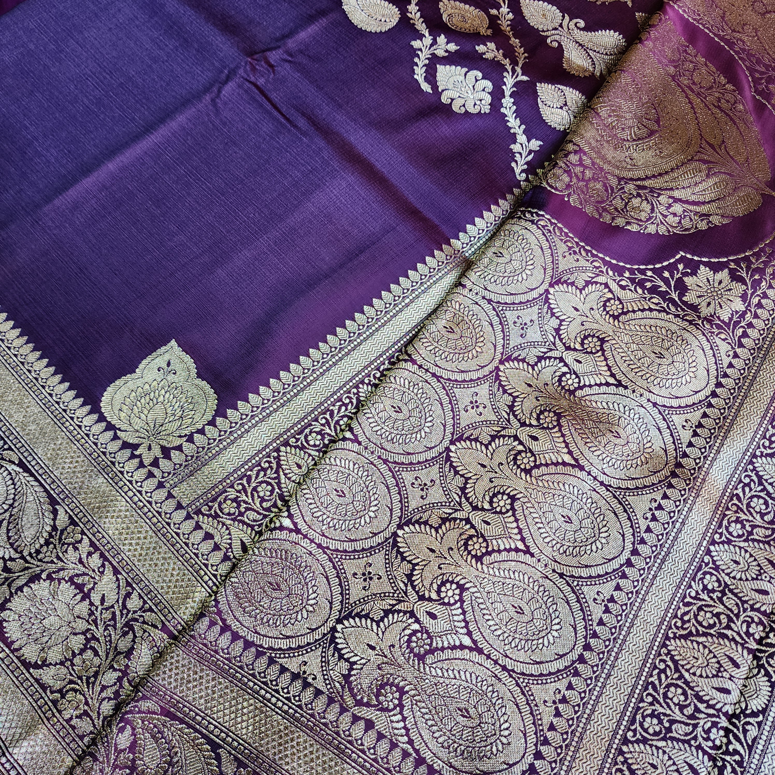 Dhoop Chhaon Deep Violet Banarasi Katan Silk Saree
