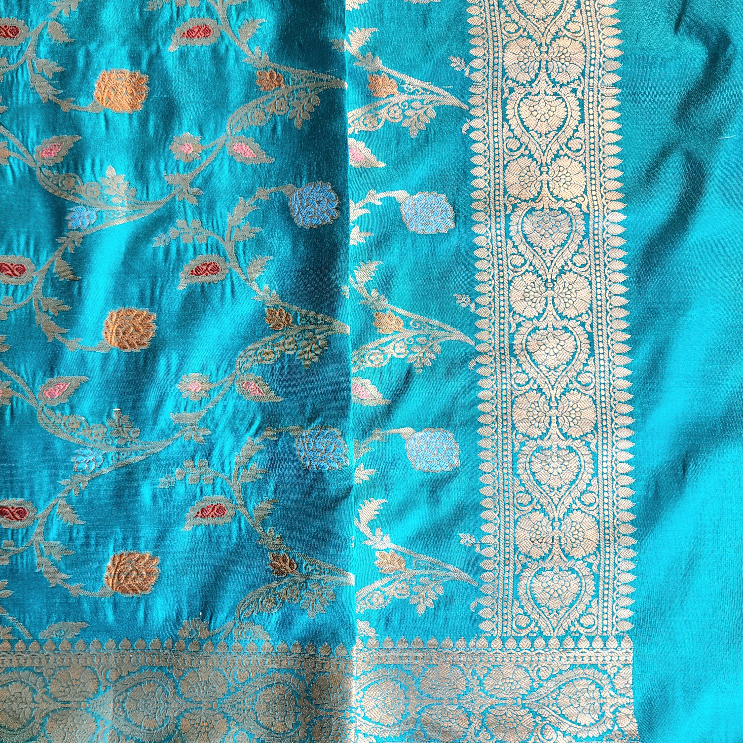 Teal Green Banarasi Silk Dupatta with Gold Zari Border & Multicolor Meenakari Work