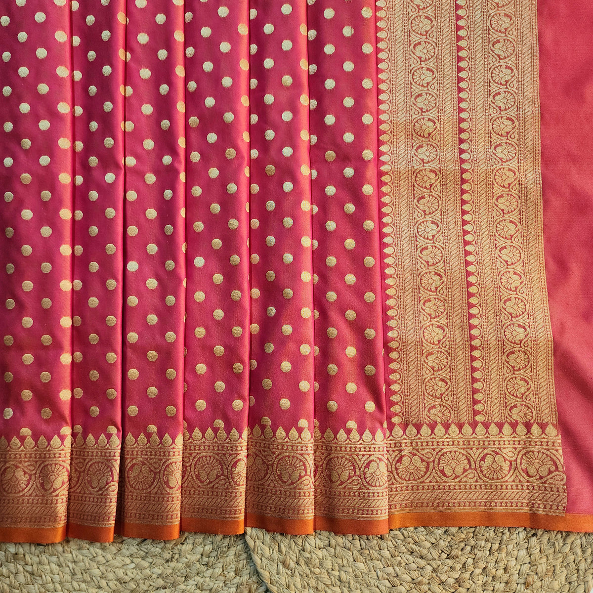 Coral Red Banarasi Silk Dupatta with Gold Polka Dot