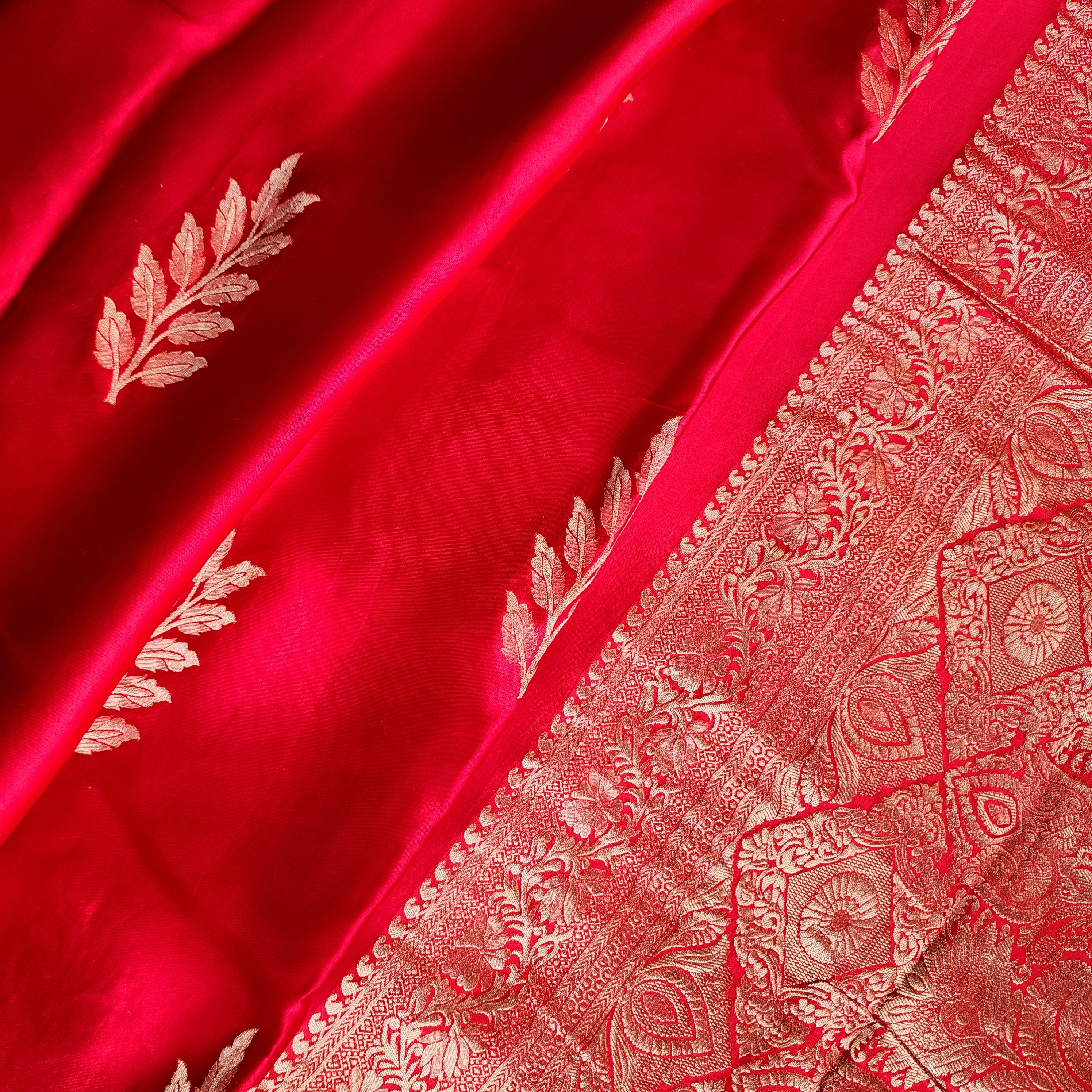 Bright Red Mashru Katan Silk Saree with Gold Weave