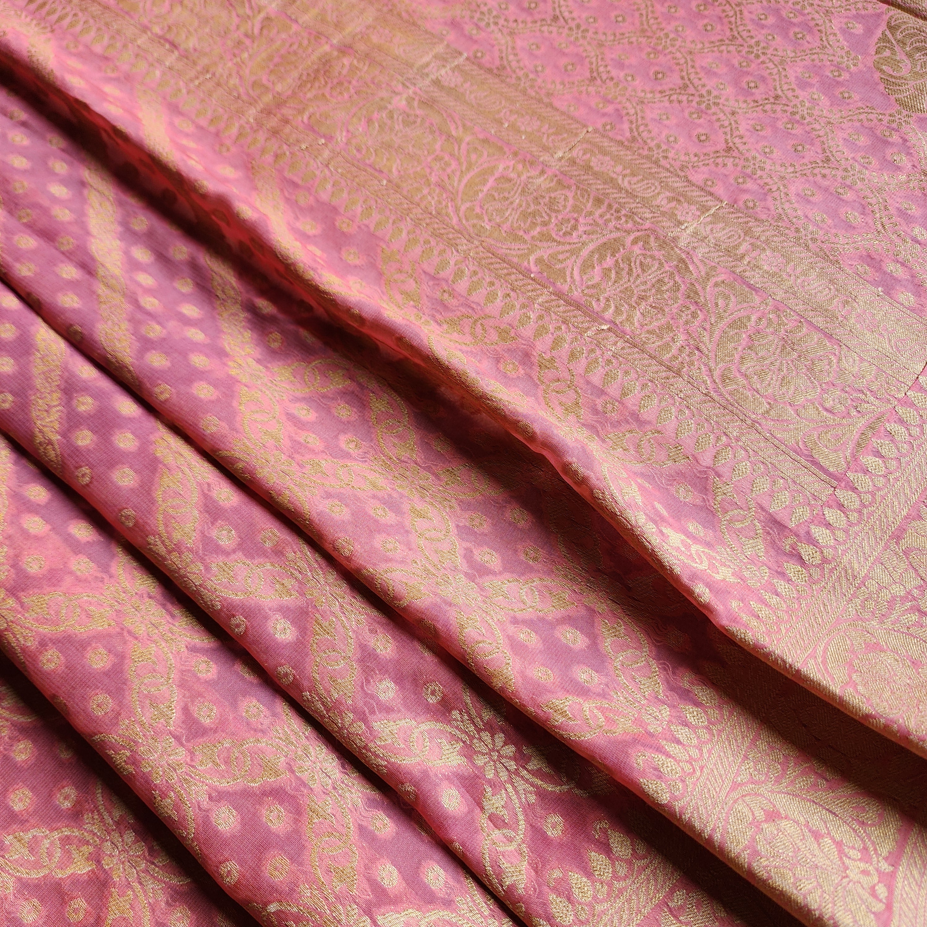 Flamingo Pink Pure Khaddi Georgette Banarasi Saree with Golden Zari