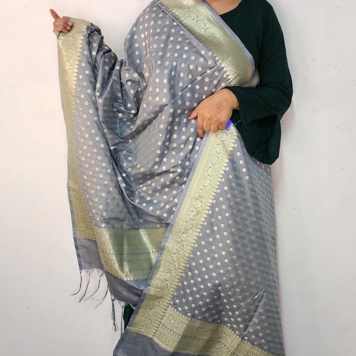 Slate Blue Banarasi Silk Dupatta with Gold Polka Dot