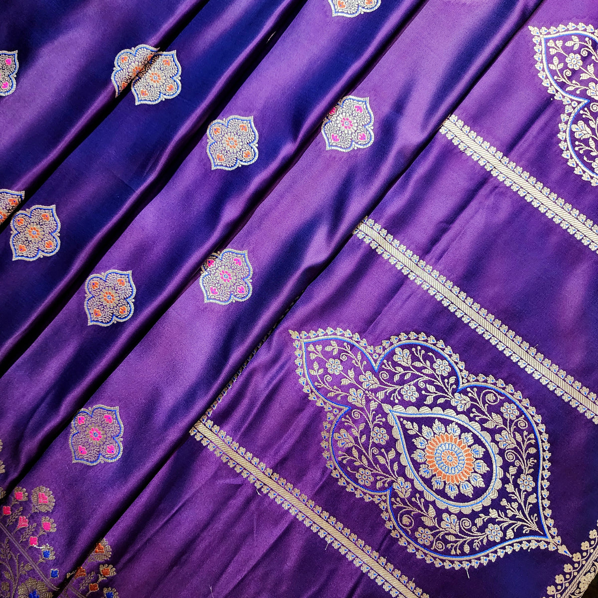 Purple Banarasi Katan Silk Saree with Multicolor Meenakari