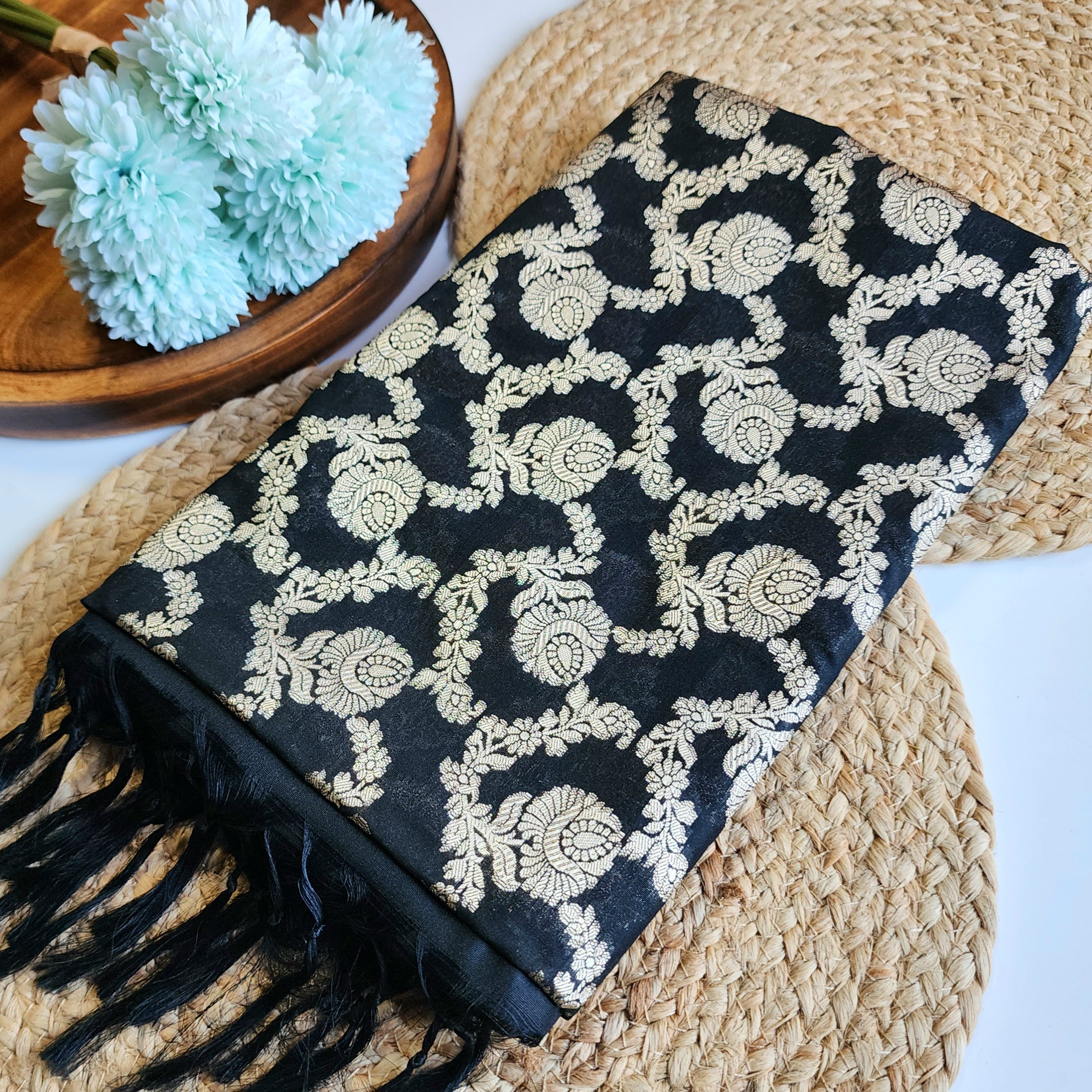 Black Floral Jaal Dupatta with Mughal-Inspired Zari Border