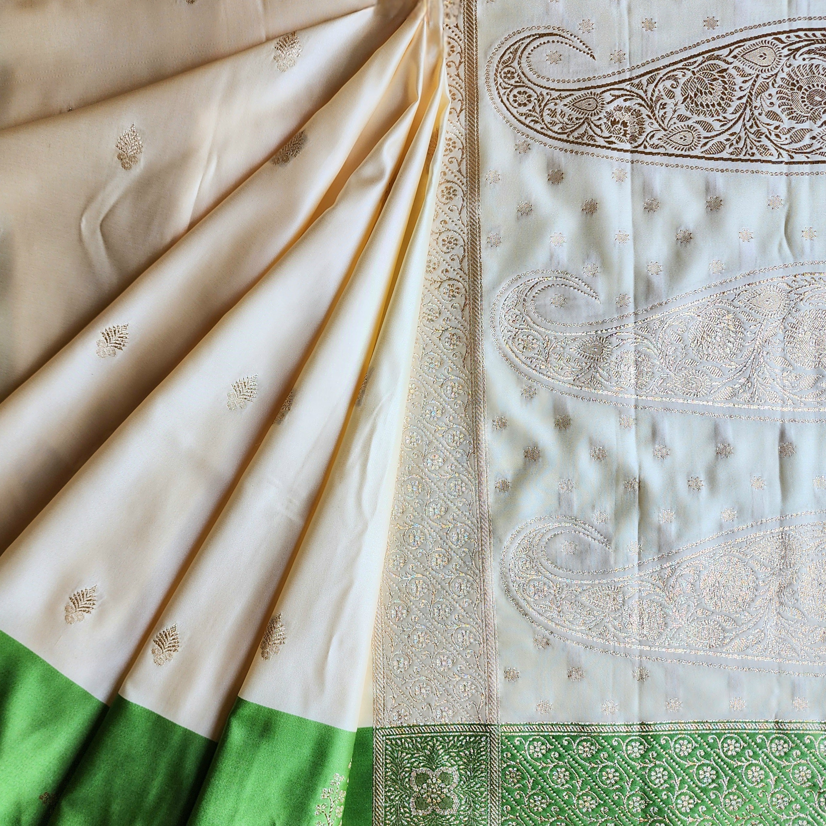 White Katan Silk Saree with Green and Gold Zari Border