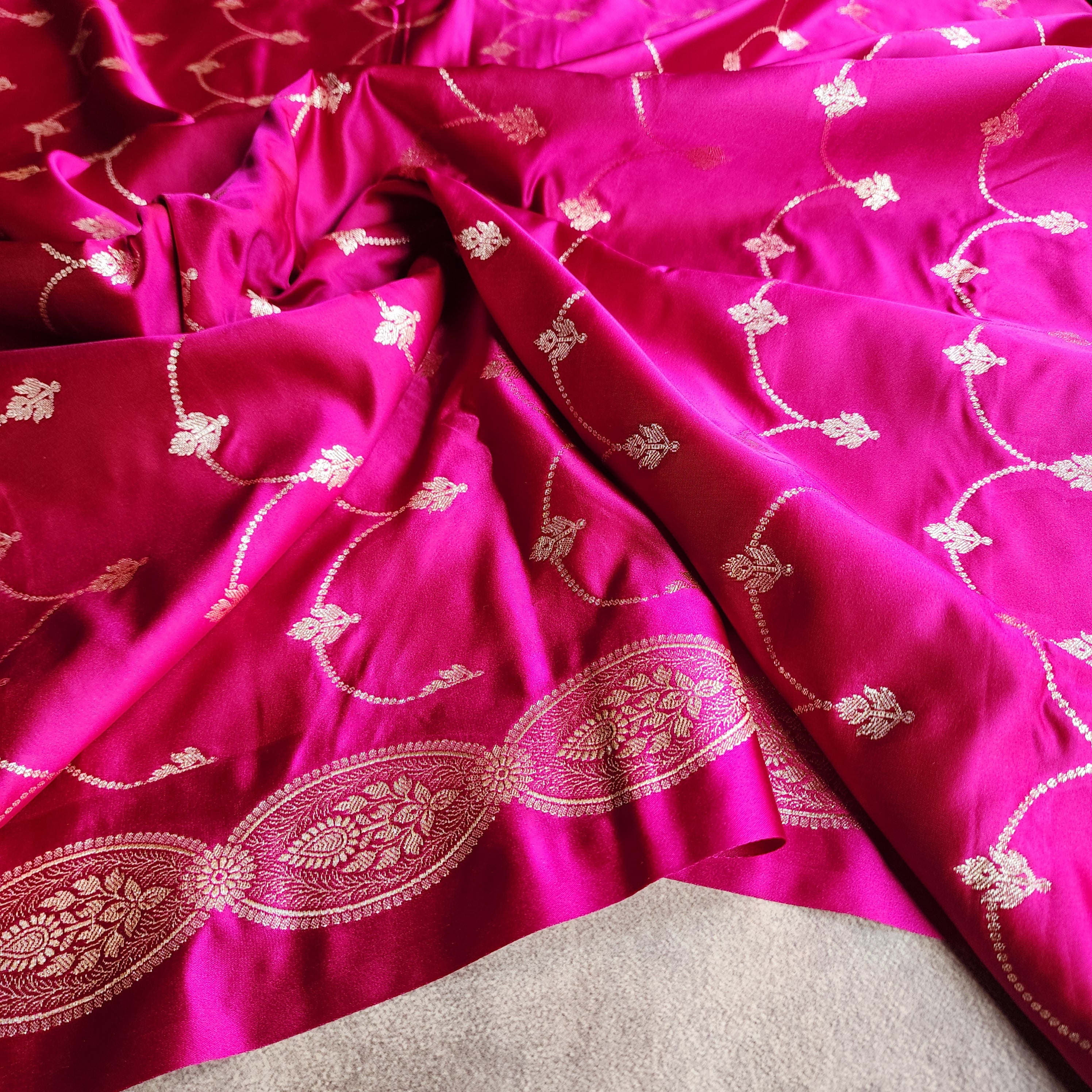 Bright Pink Pure Banarasi Katan Silk Saree with Gold Zari Weaving