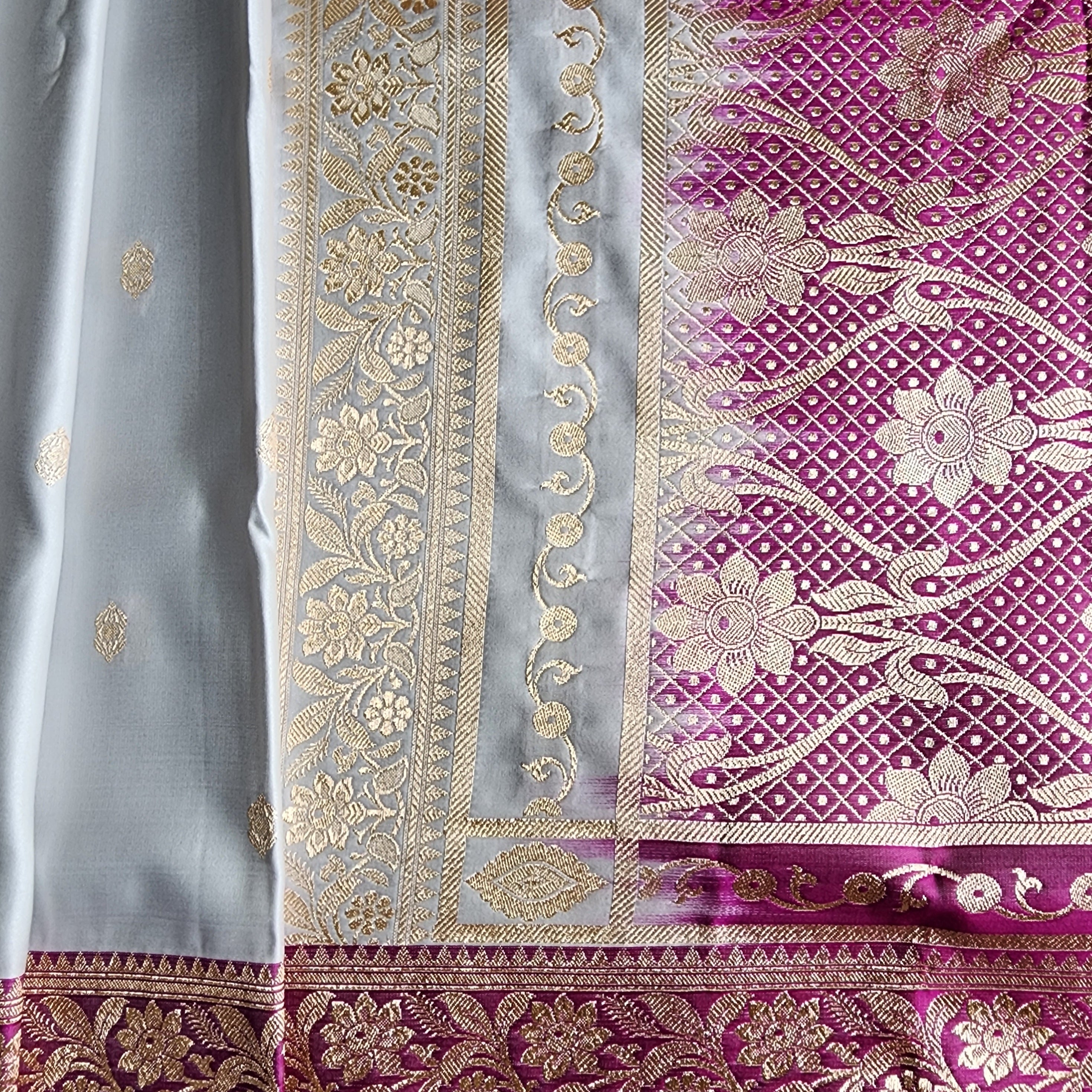 Powder Blue Katan Silk Saree with Purple and Gold Zari Border