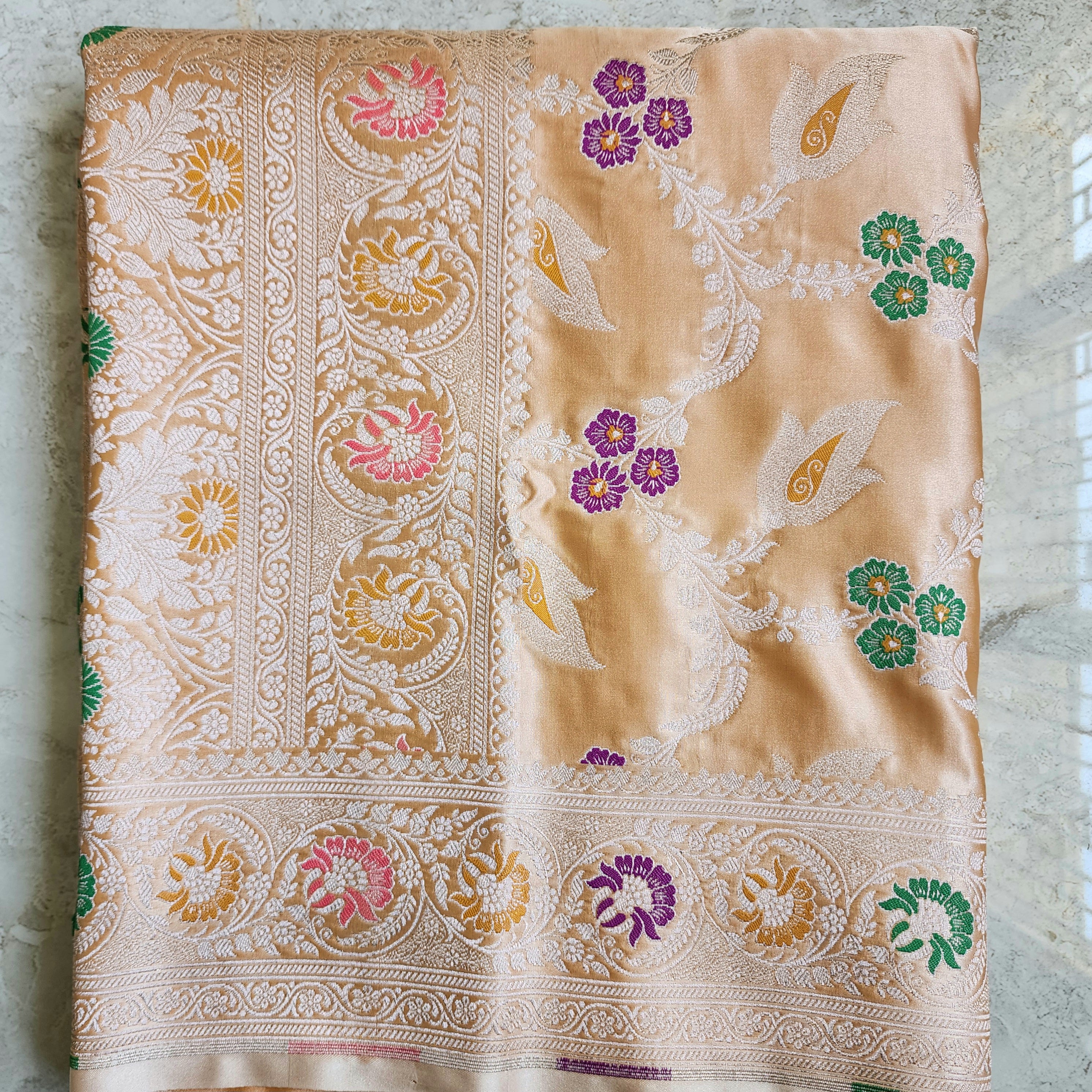 Enriched Dark Orange Banarasi Katan Silk Saree with Multicolor Meenakari Floral Jaal