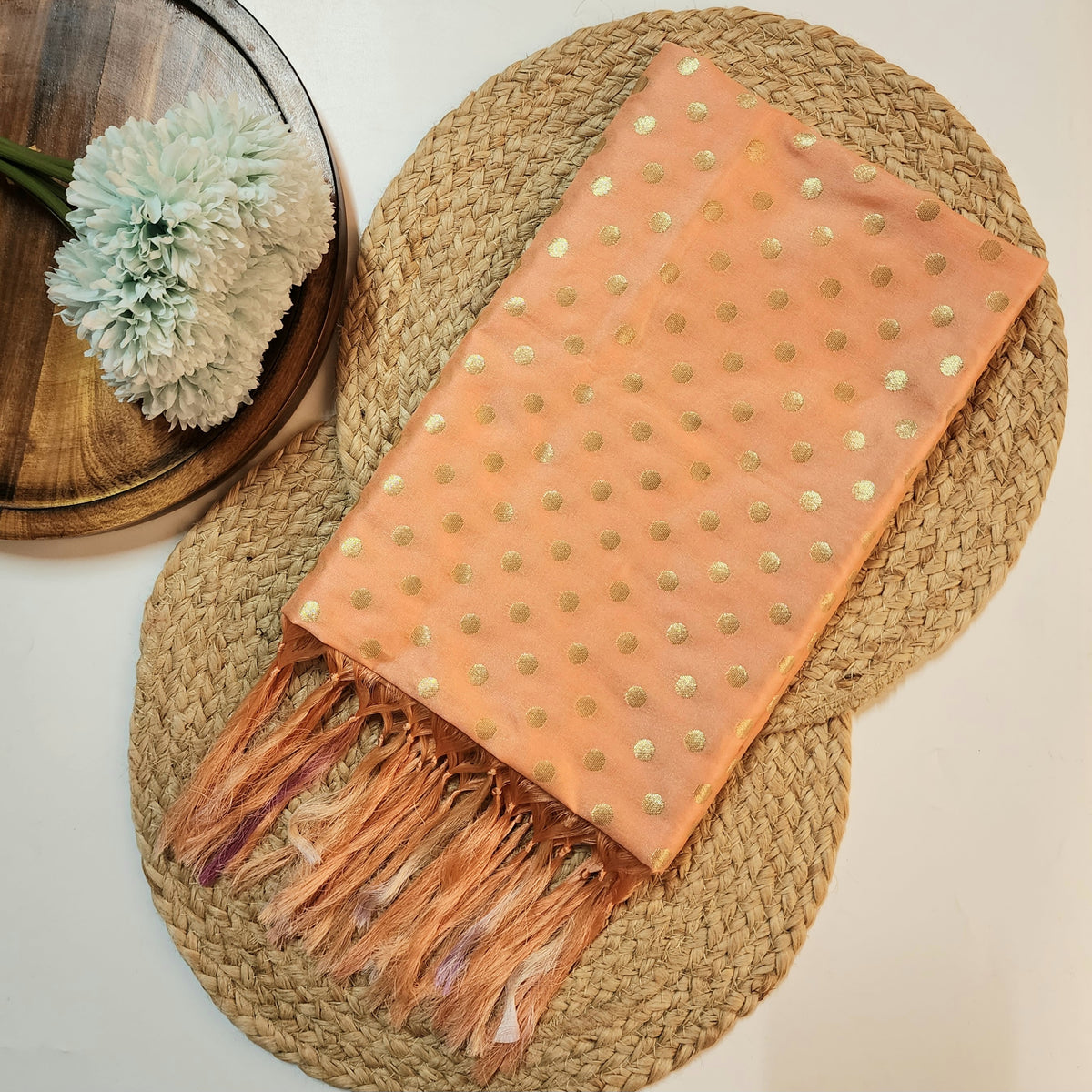 Peach Banarasi Silk Dupatta with Gold Polka Dot