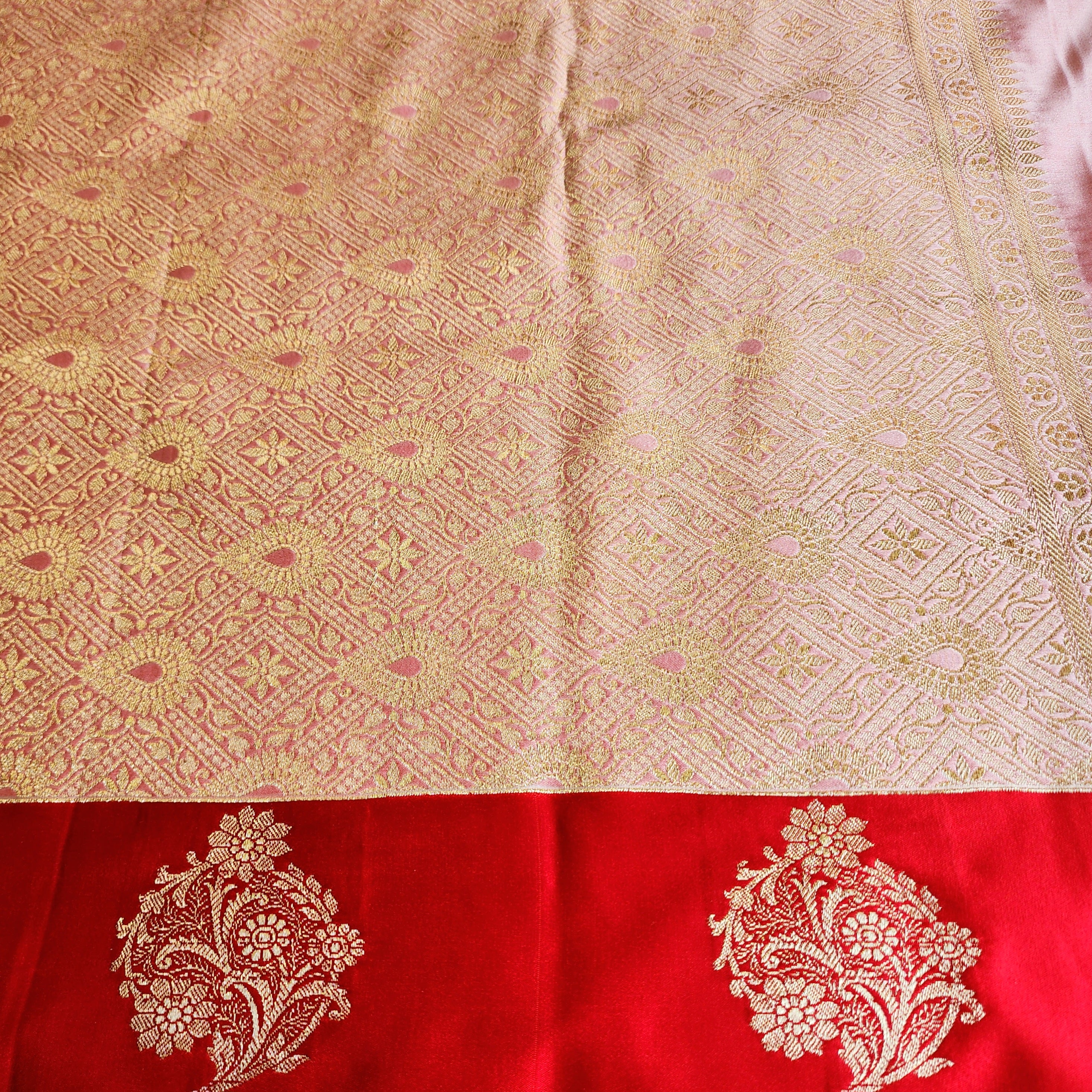 Blush Pink Katan Silk Saree with Red Gold Zari Border