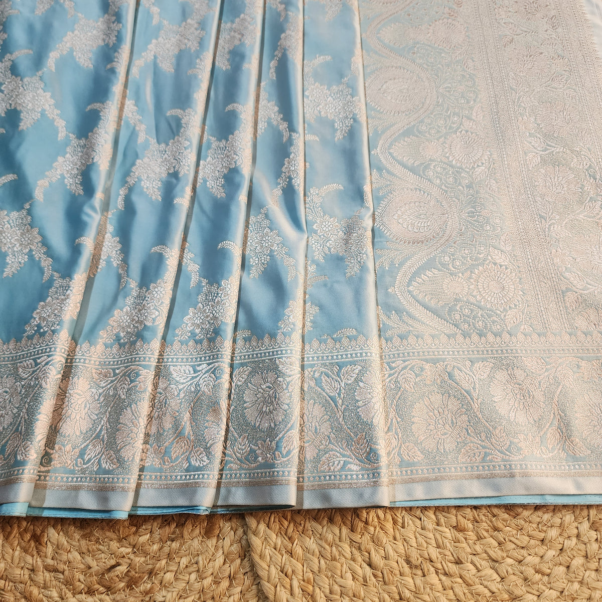 Powder Blue Banarasi Katan Silk Saree with Floral Vine Jaal