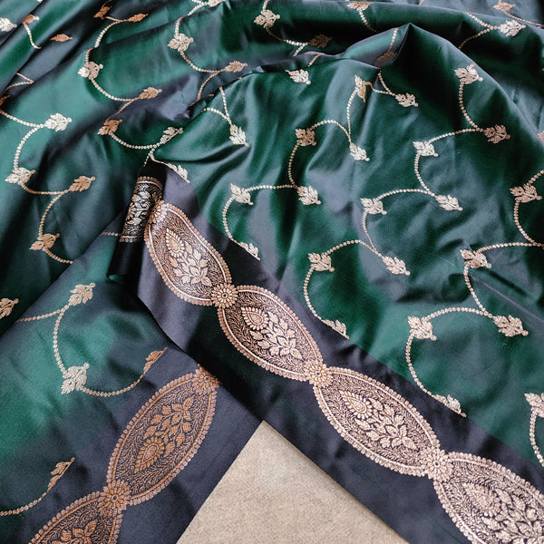 Bottle Green Banarasi Katan Silk Saree with Gold Zari Weaving