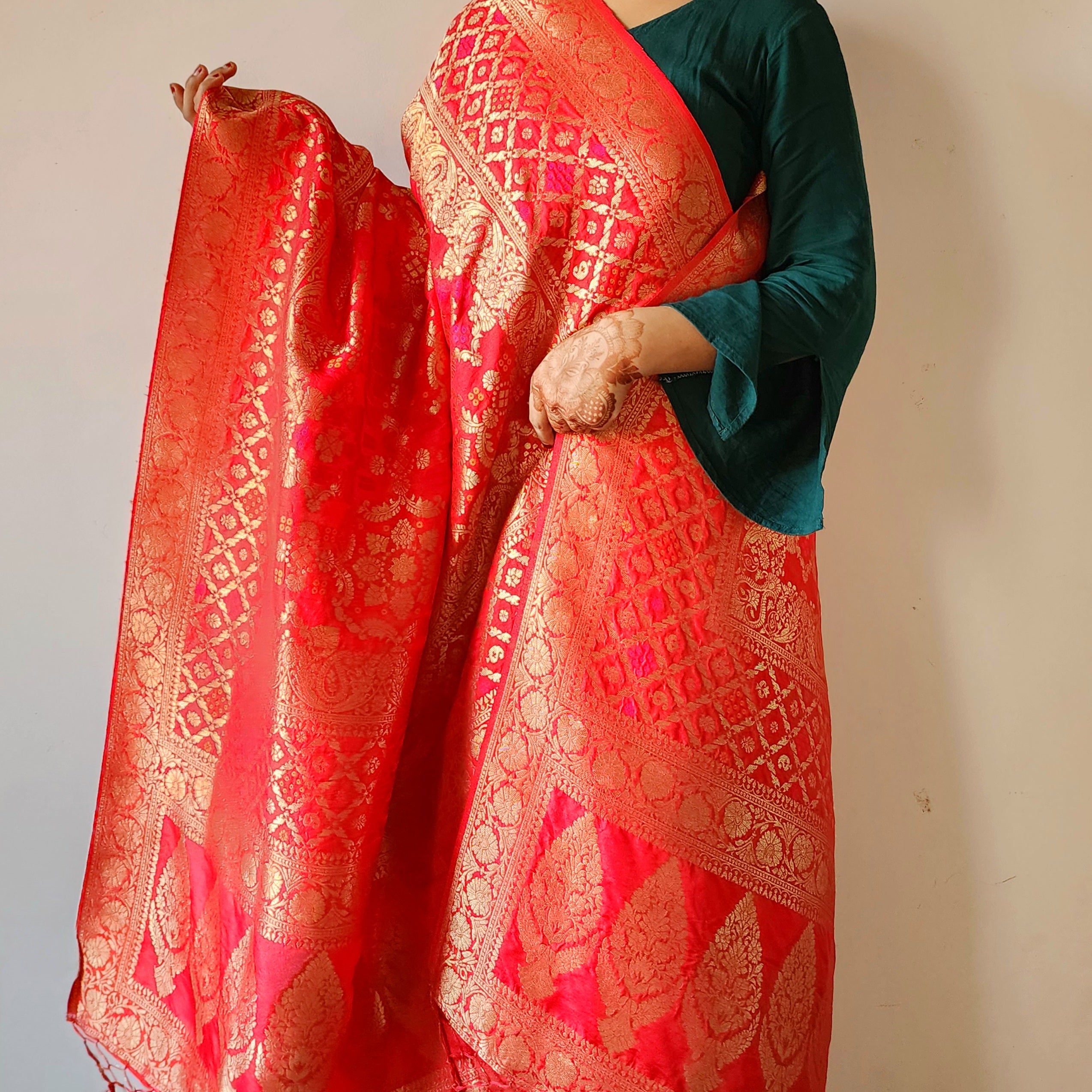 Deep Ruby Red Bandhani Dupatta with Floral and Geometric Zari Weave