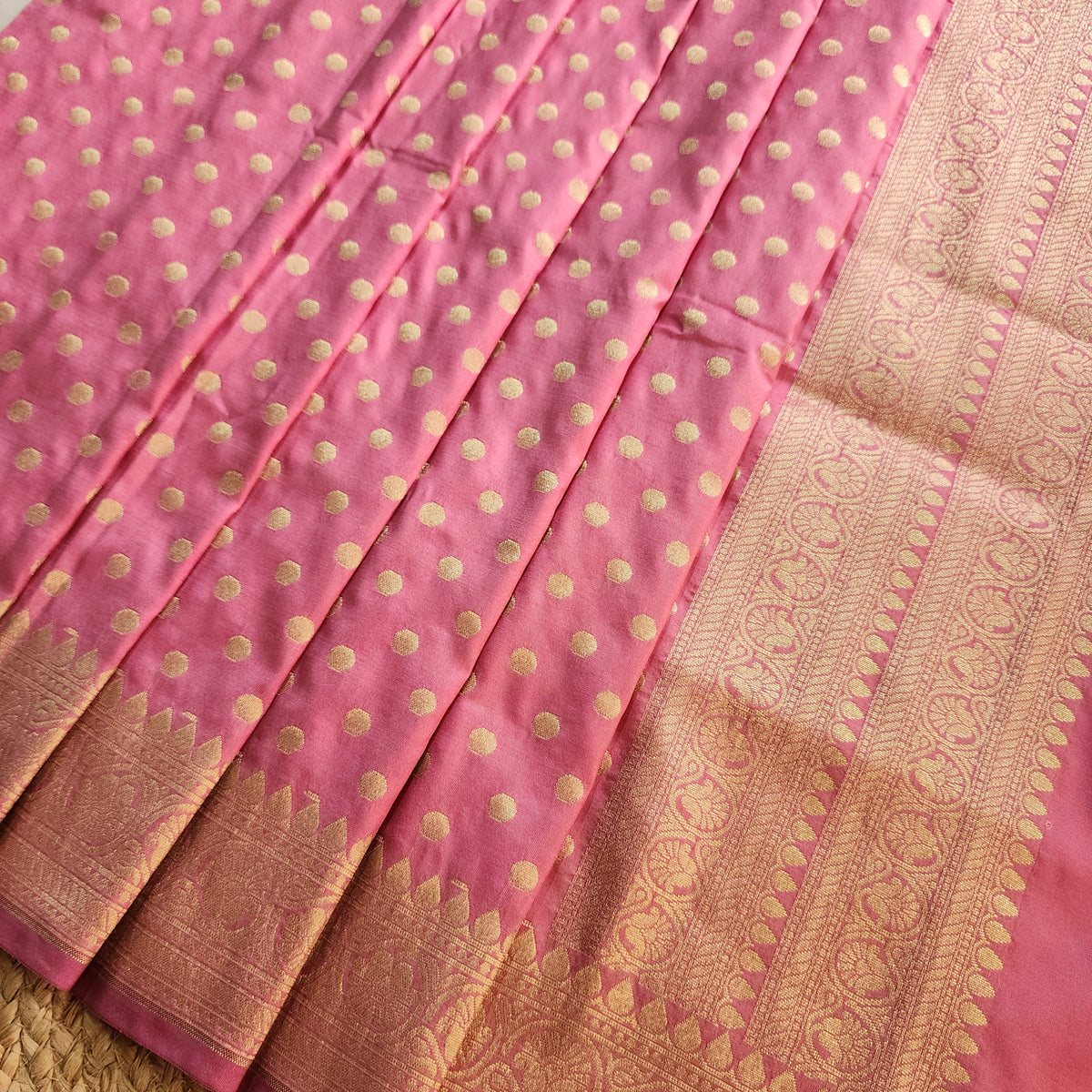 Dusty Rose Banarasi Silk Dupatta with Gold Polka Dot