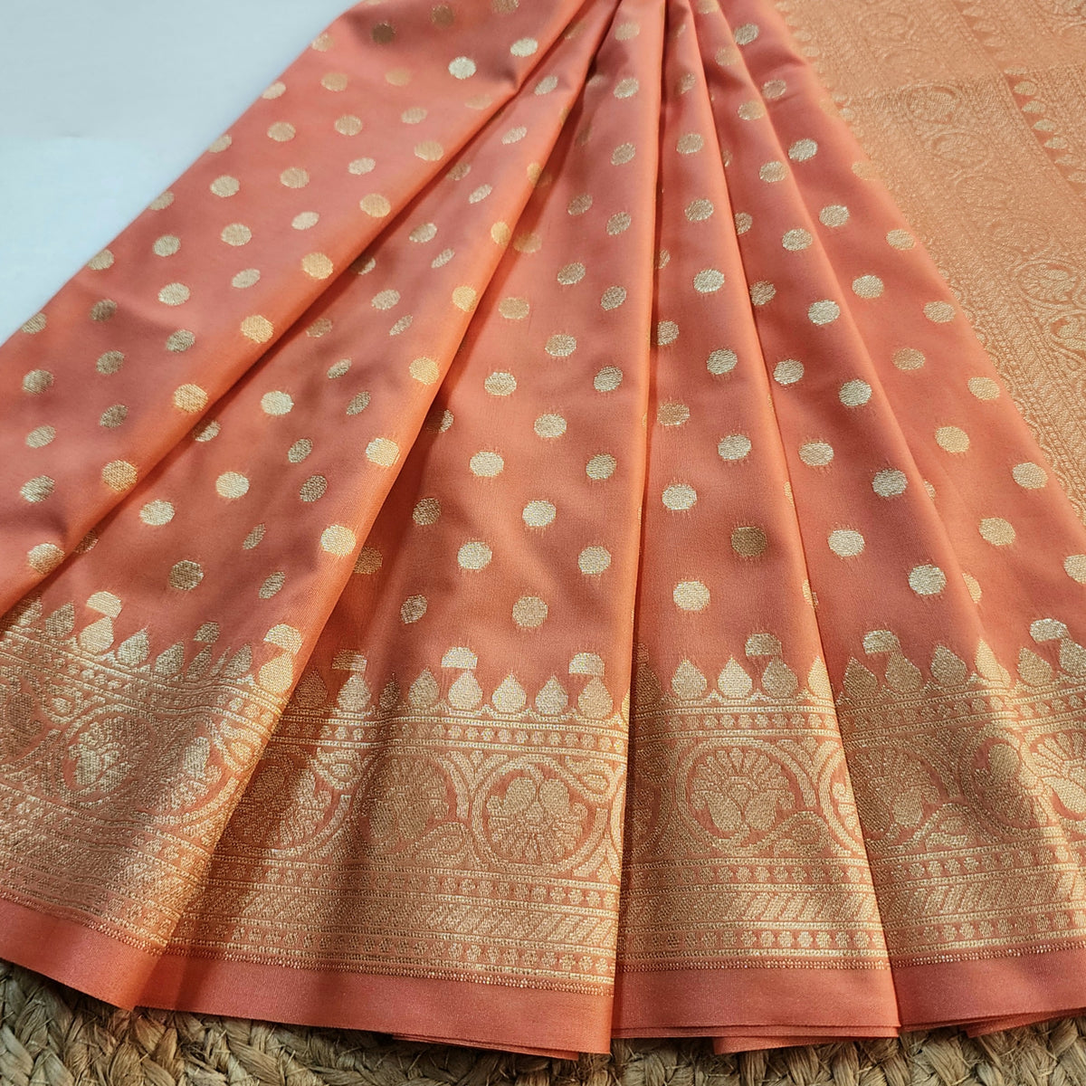 Coral Peach Banarasi Silk Dupatta with Gold Polka Dot