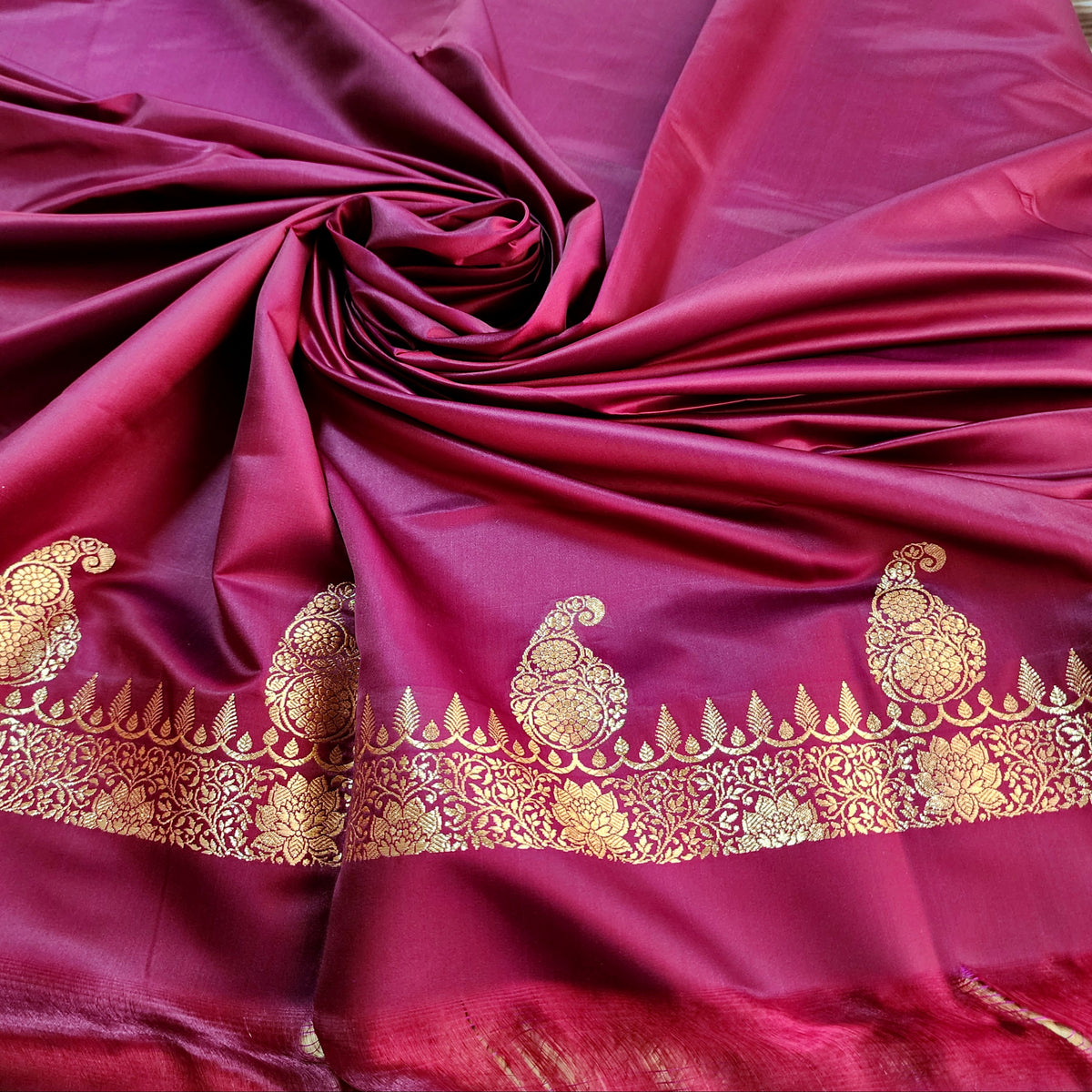 Wine Paisley Katan Silk Saree with Gold Zari