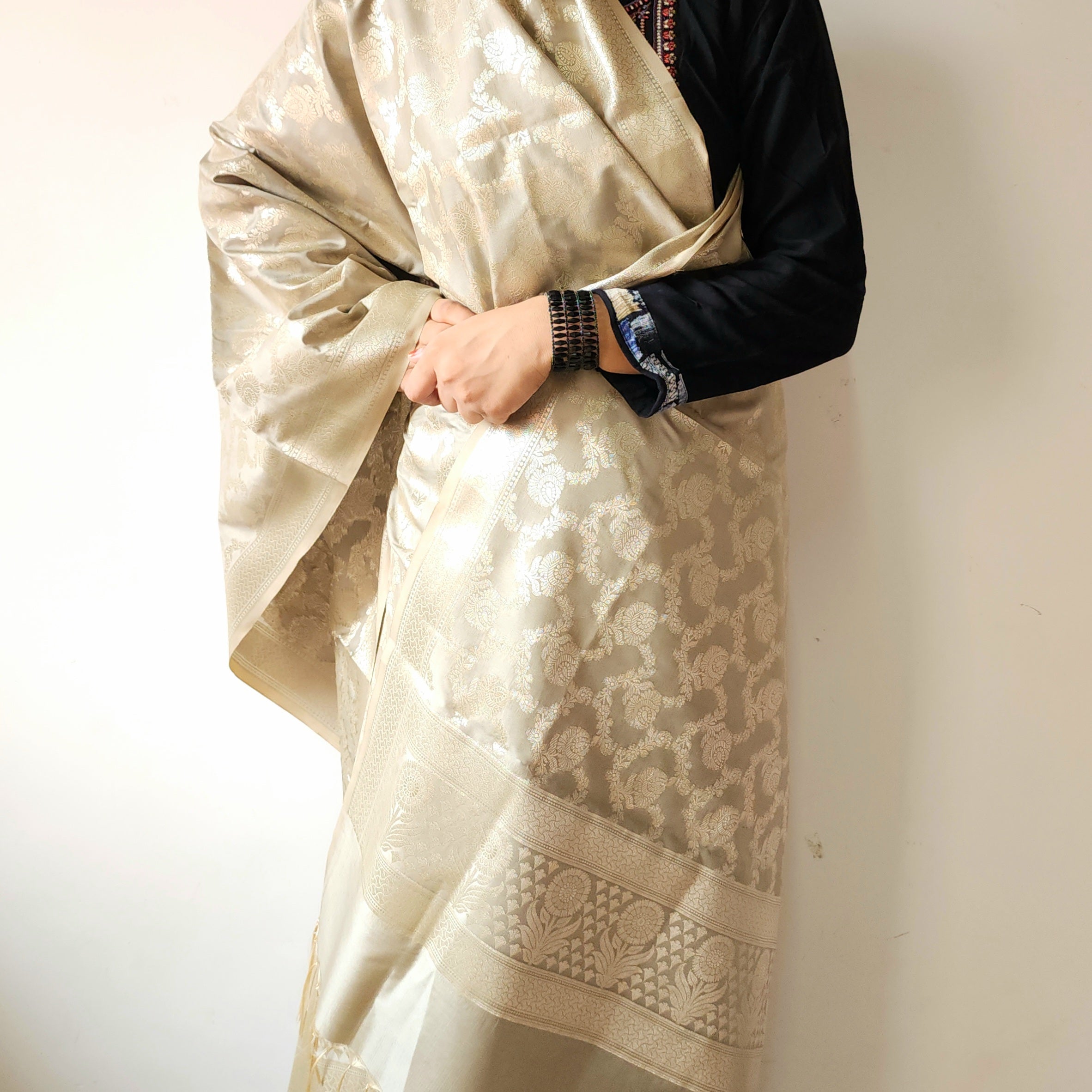 Platinum Grey Floral Jaal Dupatta with Mughal-Inspired Zari Border