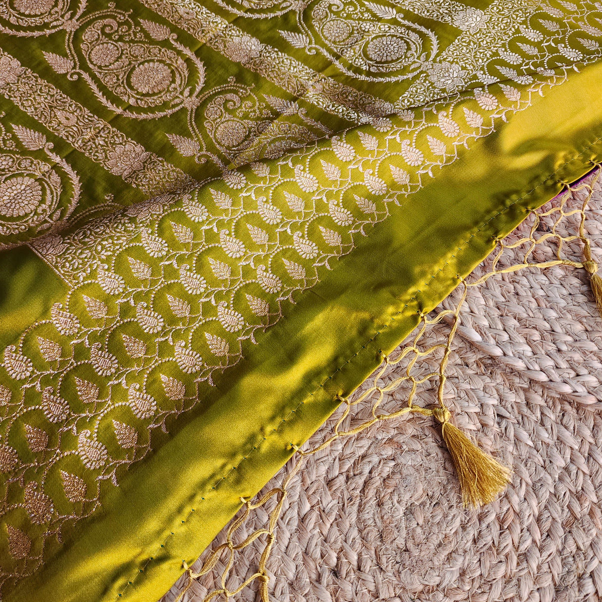 Lime Green Paisley Katan Silk Saree with Gold Zari