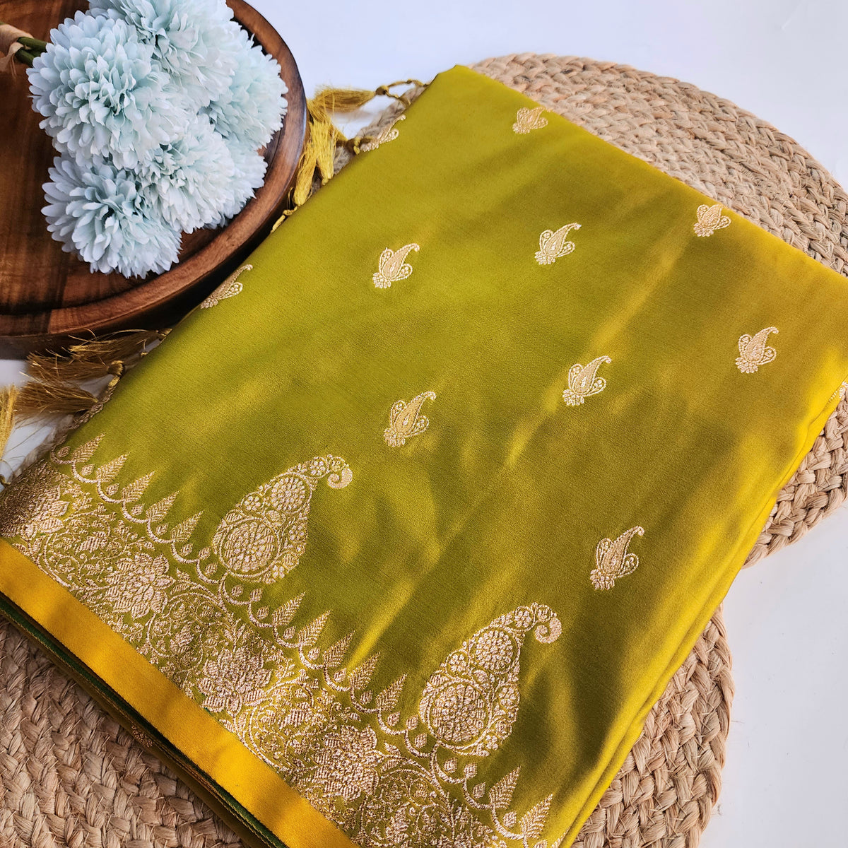 Lime Green Paisley Katan Silk Saree with Gold Zari