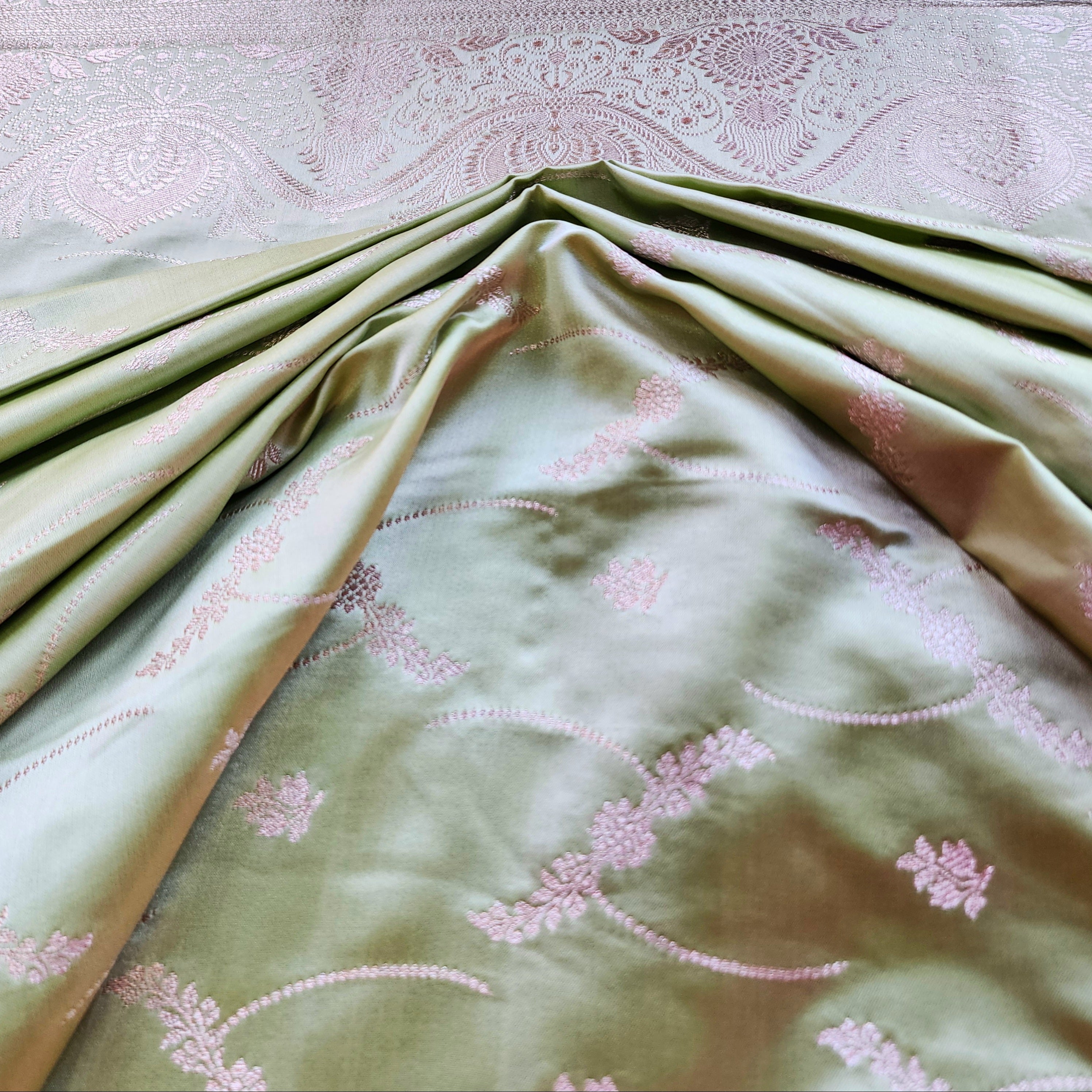 Pastel Sage Green Banarasi Katan Silk Saree with Light Gold Zari weaving