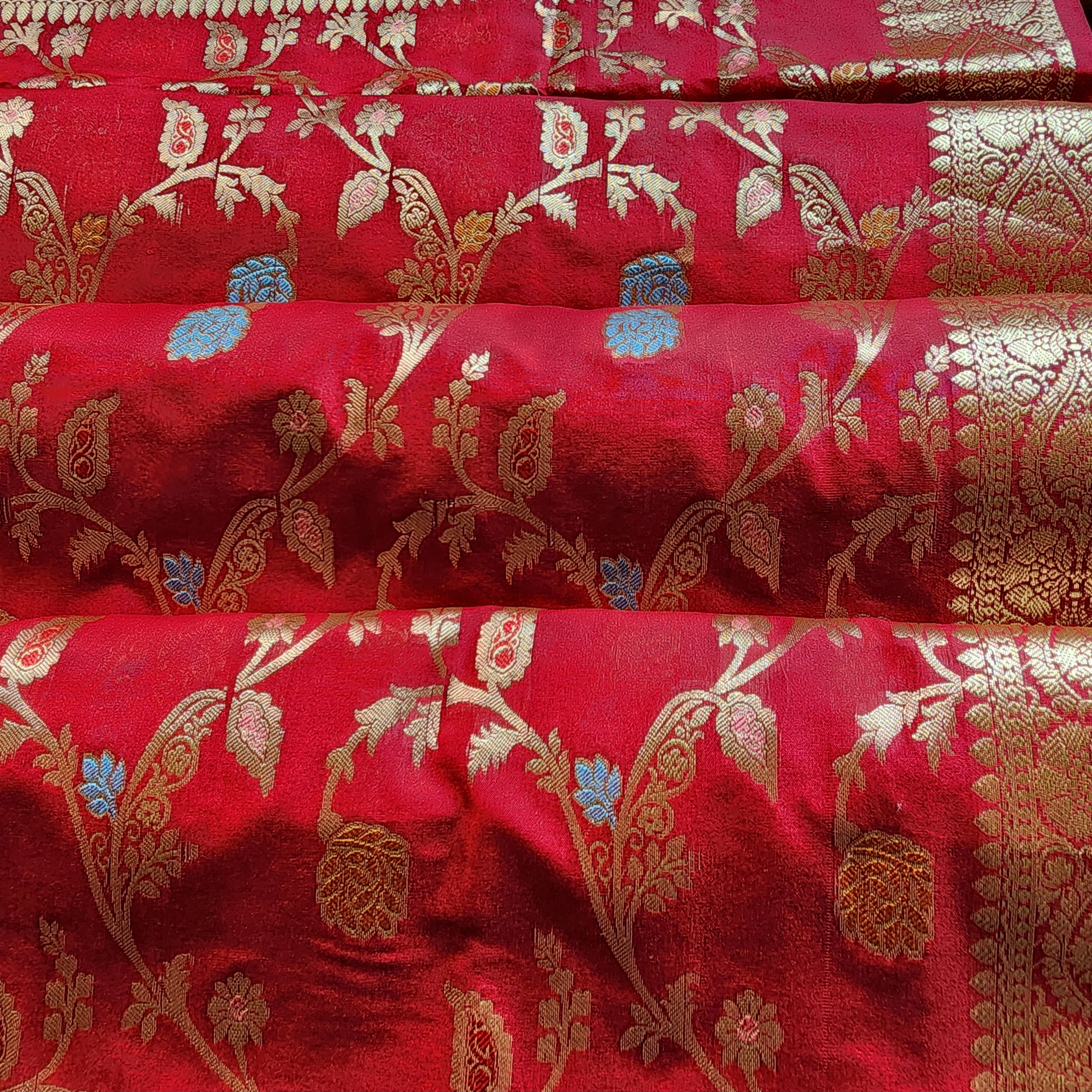Maroon Banarasi Silk Dupatta with Gold Zari Border & Multicolor Meenakari Work