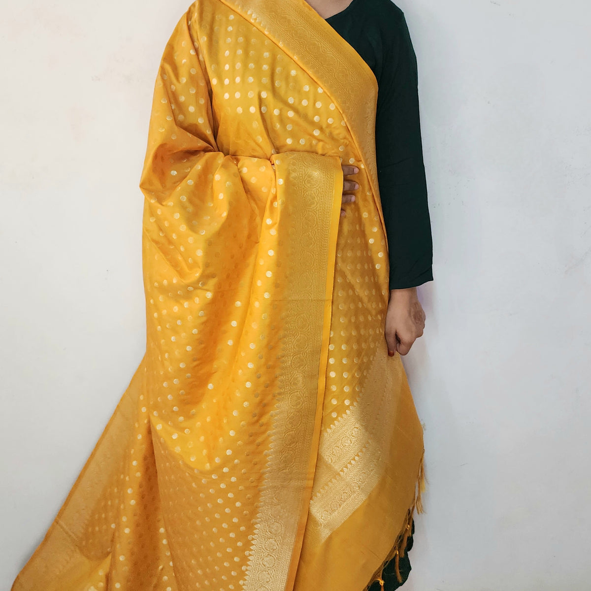 Mustard Yellow Banarasi Silk Dupatta with Gold Polka Dot