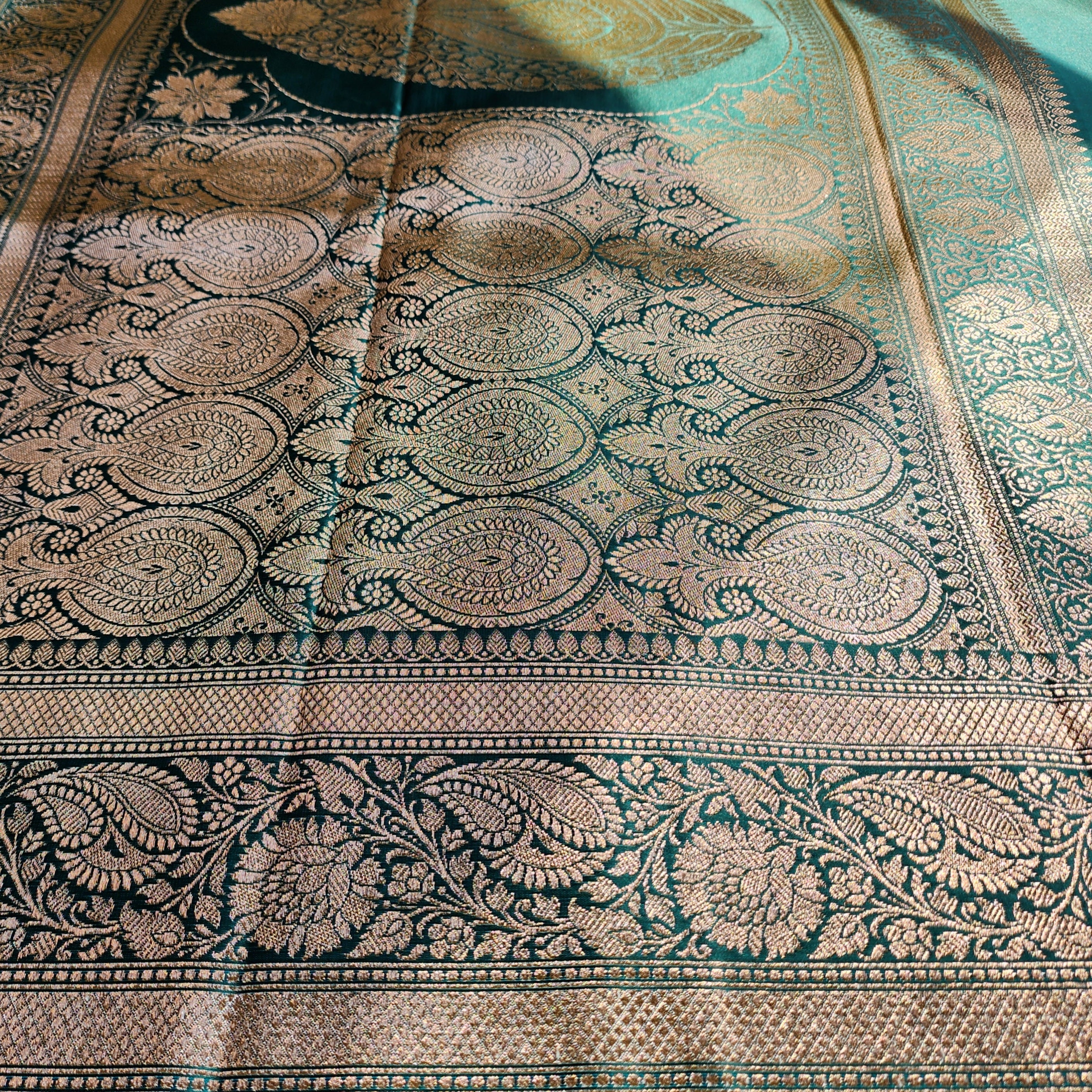 Dhoop Chhaon Teal Green Banarasi Katan Silk Saree