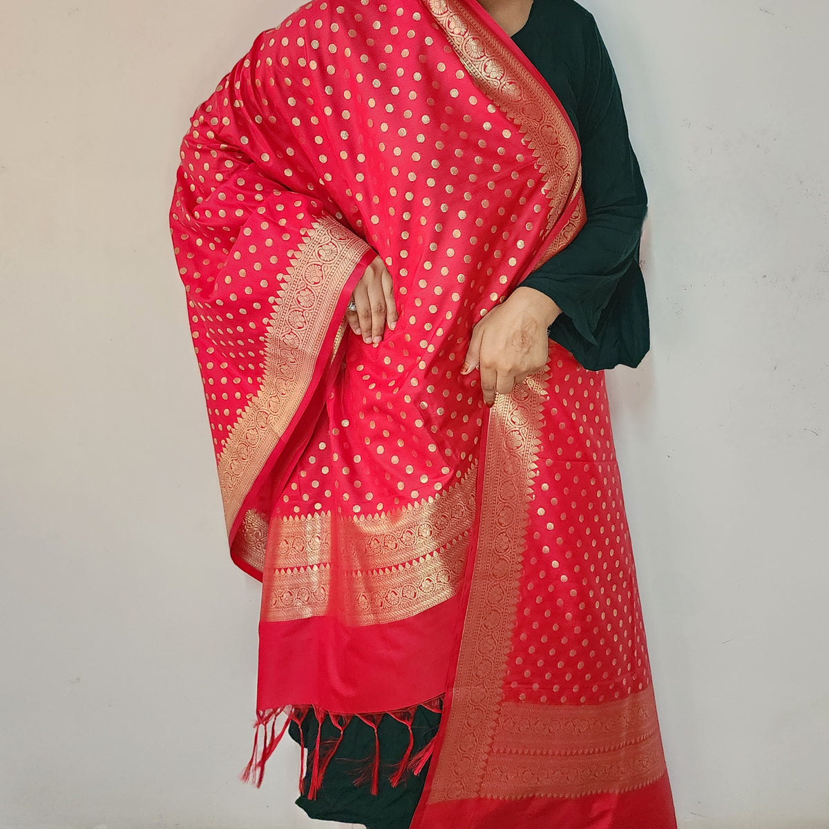 Classic Red Banarasi Silk Dupatta with Gold Polka Dot