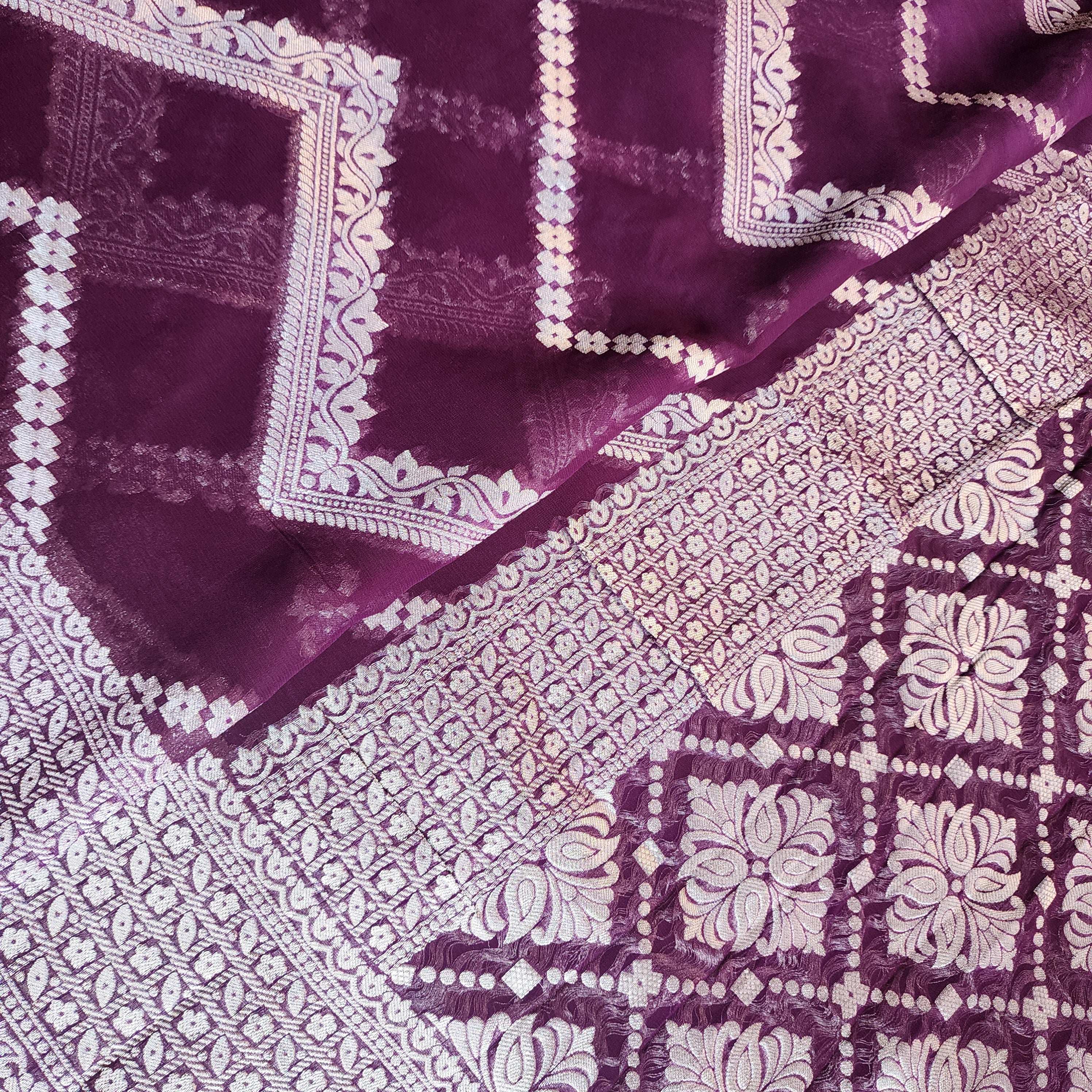 Dark Purple Khaddi Georgette Pure Banarasi Saree with Silver Zari