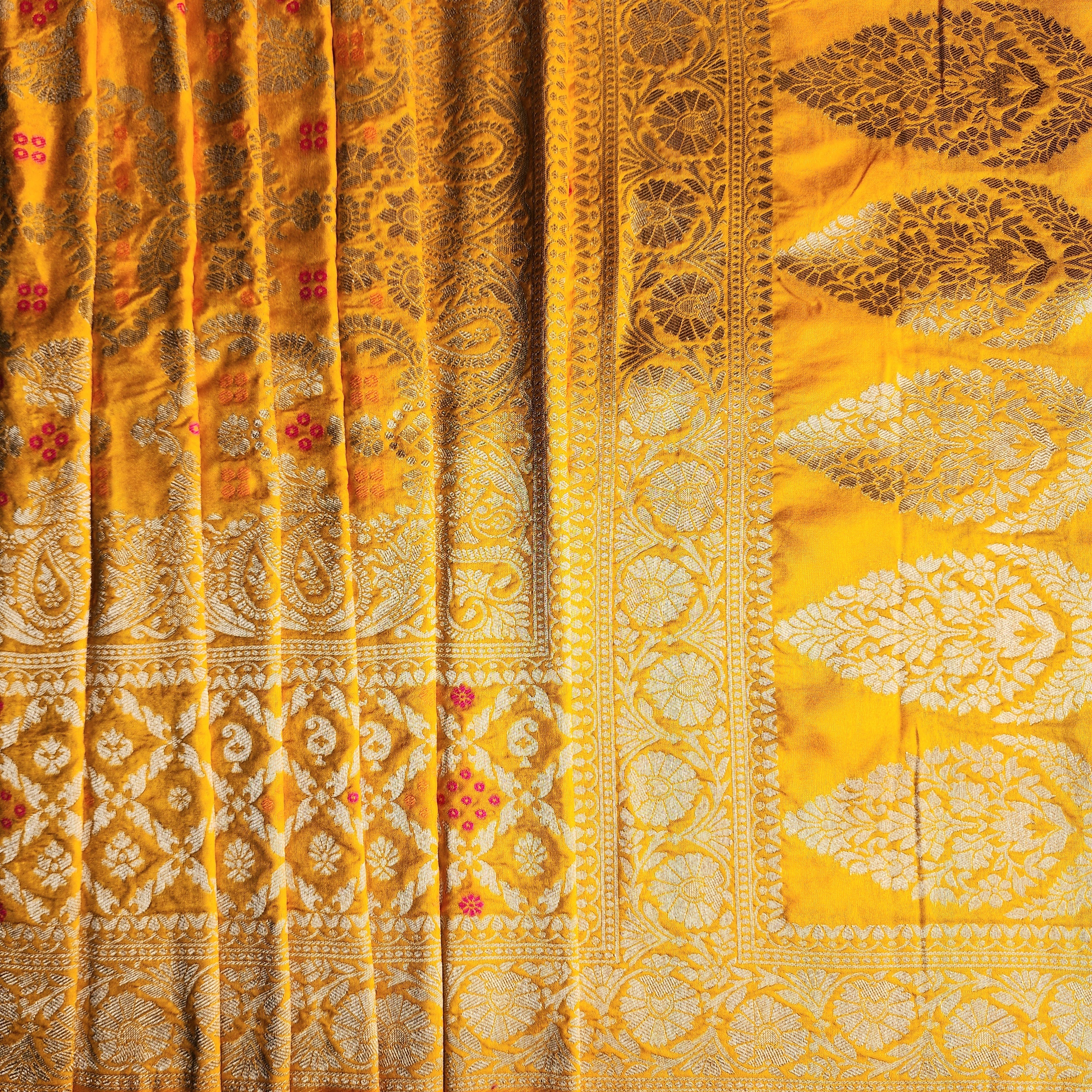 Mustard Gold Bandhani Dupatta with Floral and Geometric Zari Weave