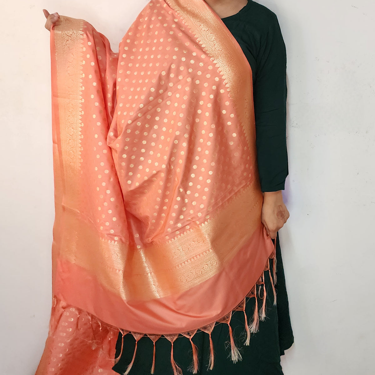 Coral Peach Banarasi Silk Dupatta with Gold Polka Dot