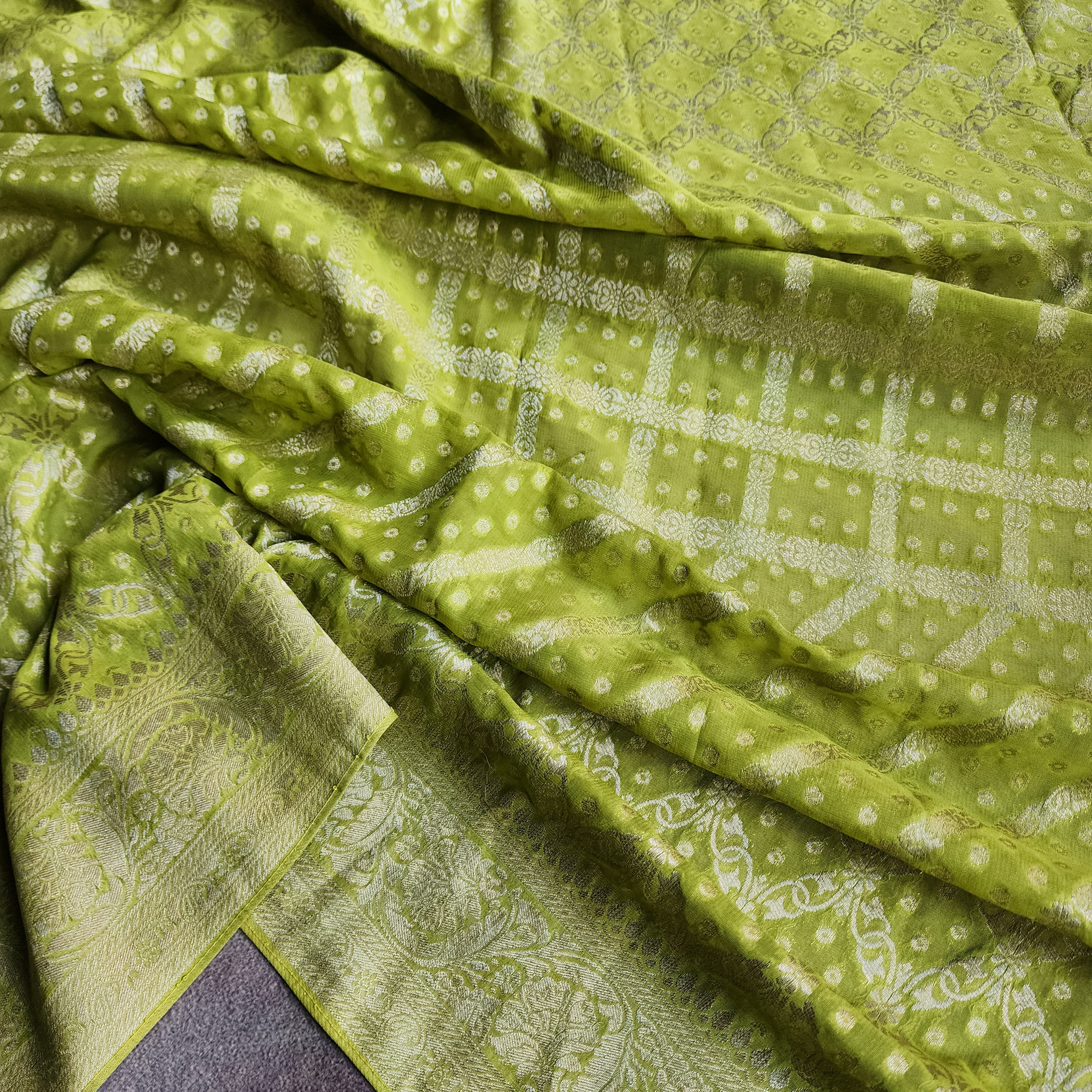 Mehndi Green Pure Khaddi Georgette Banarasi Saree with Golden Zari