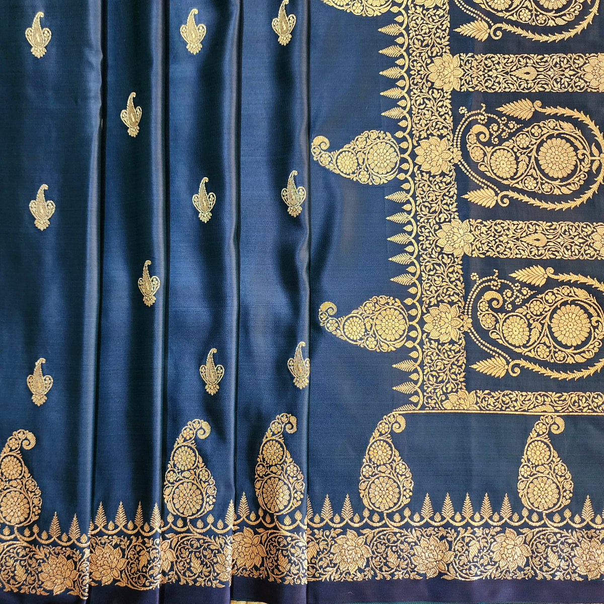 Midnight Blue Paisley Katan Silk Saree with Gold Zari