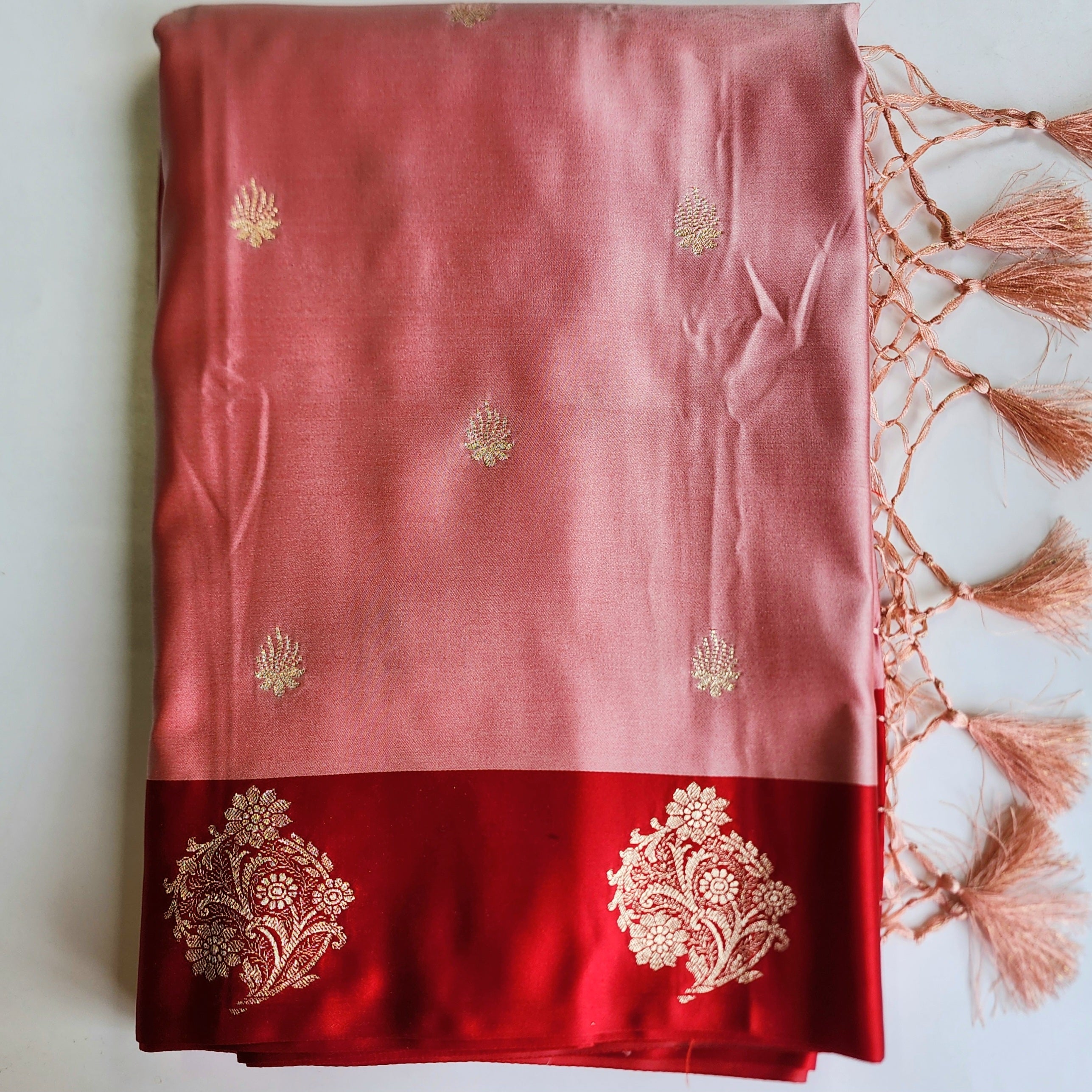 Blush Pink Katan Silk Saree with Red Gold Zari Border