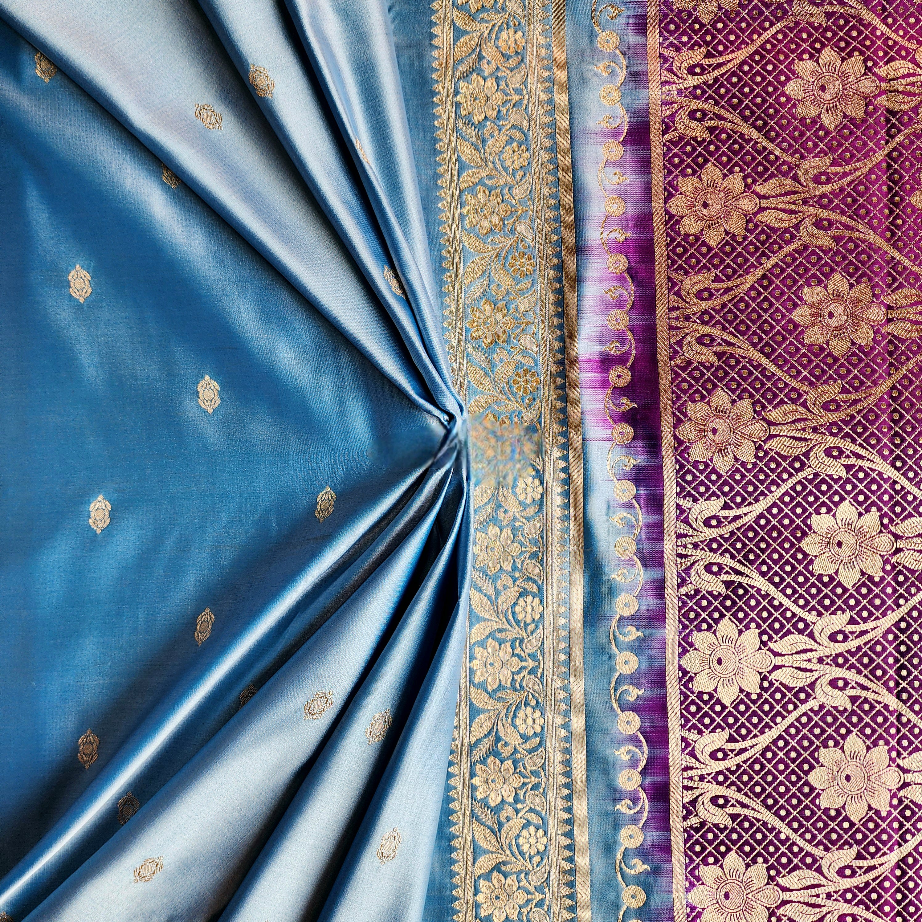 Teal Blue Katan Silk Saree with Purple and Gold Zari Border