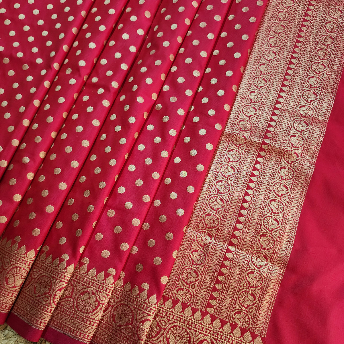Fuchsia Banarasi Silk Dupatta with Gold Polka Dot